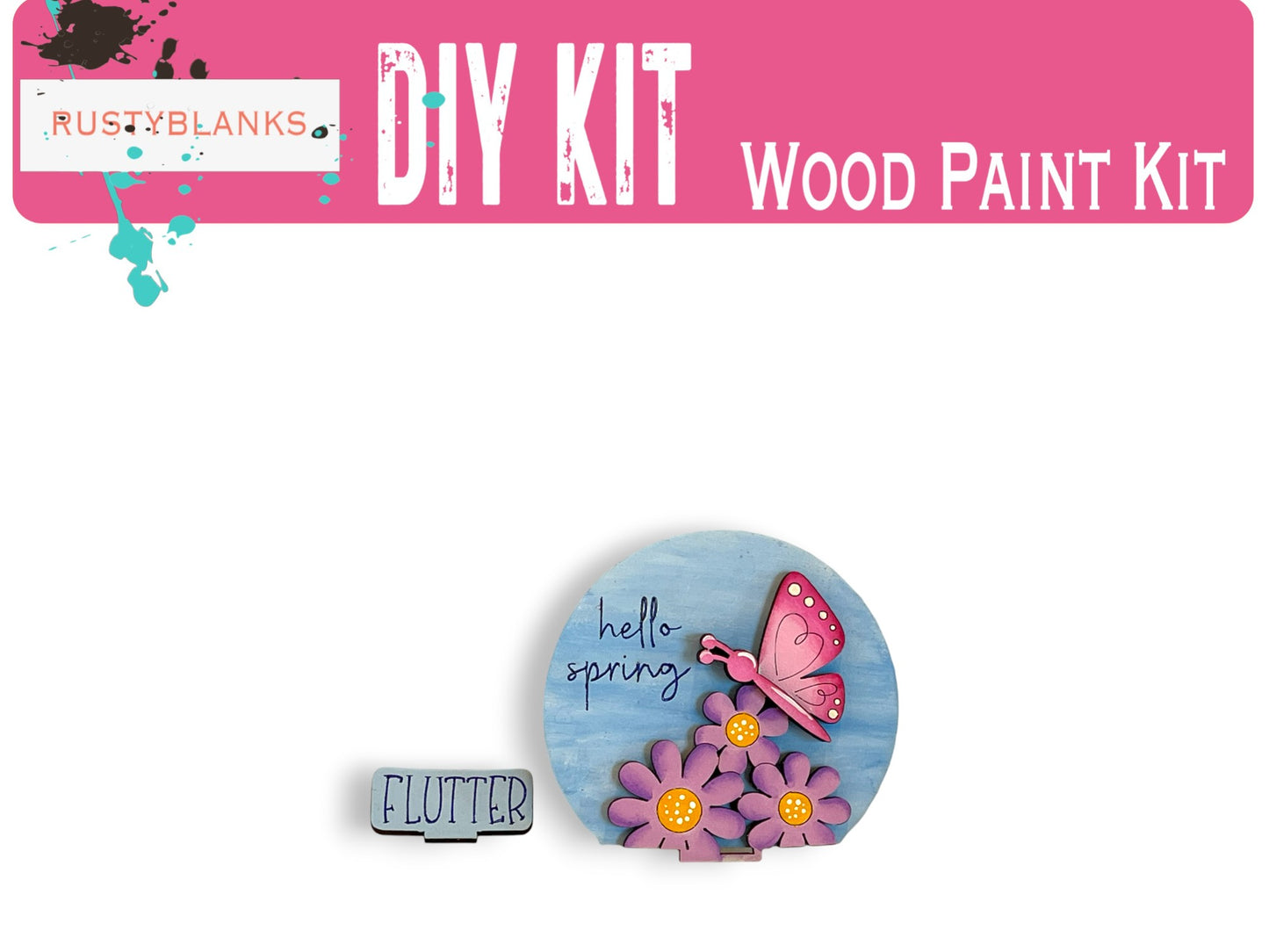 The image is a pink and white DIY kit for a wood paint kit, featuring a butterfly and flowers.