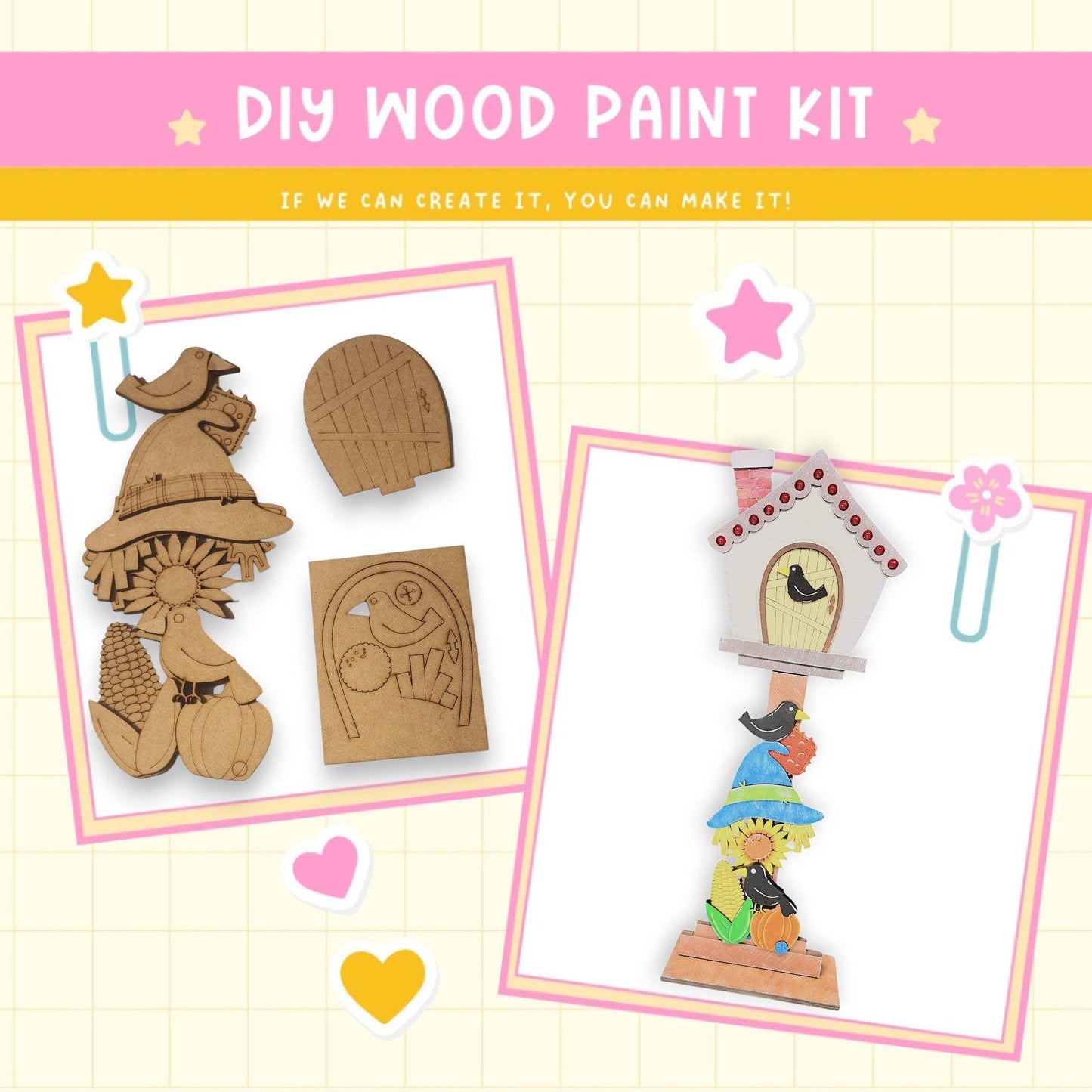 a picture of a wooden craft kit with a picture of a birdhouse and a