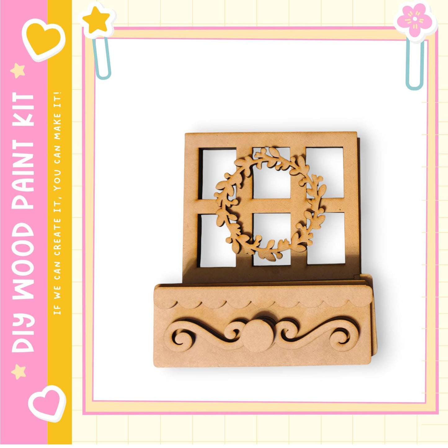 a wooden wreath and a wooden shelf, both of which appear to be part of a DIY paint kit.
