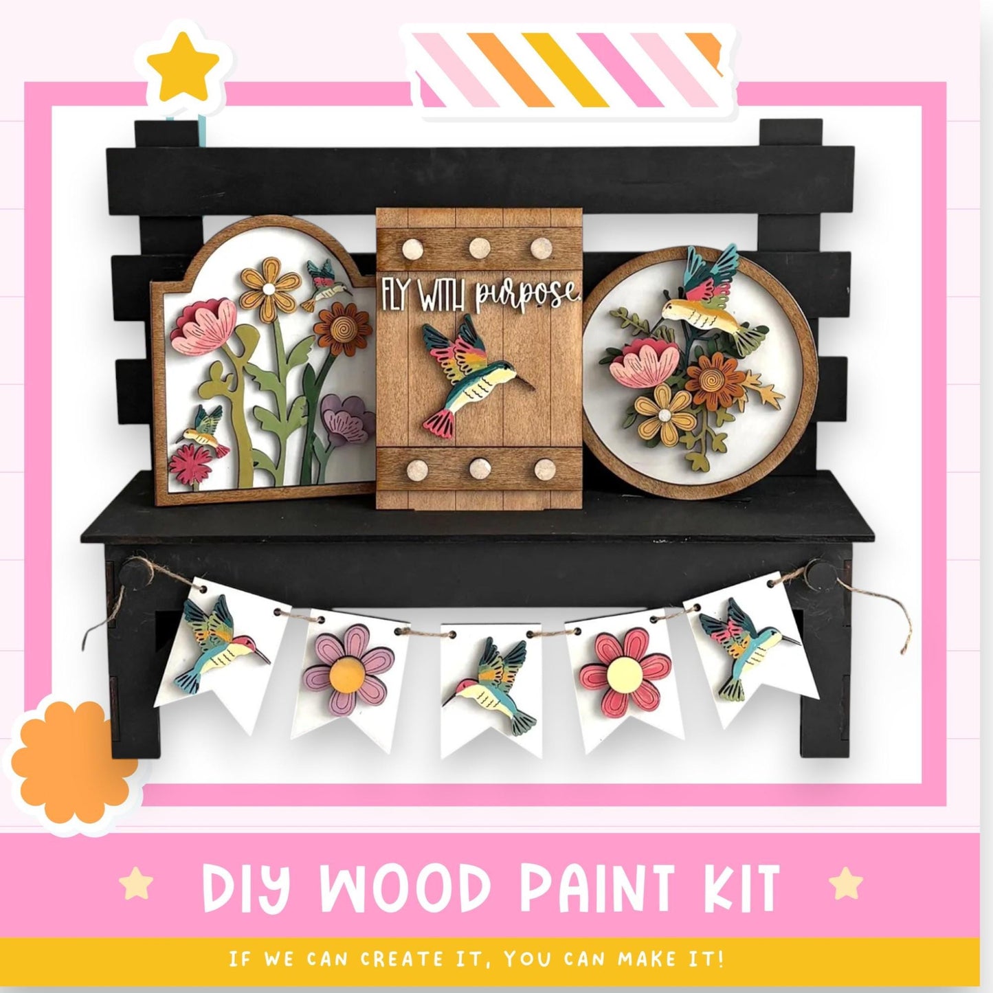 The image is a DIY wood paint kit featuring a wooden bench with various decorative elements, including a wooden sign with a bird and flowers, hanging banners with colorful flowers, and a wooden box with a bird and flowers.