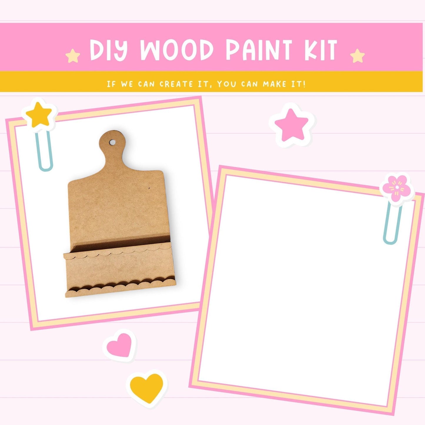 The image is a DIY wood paint kit advertisement, featuring a wooden paintbrush holder and a blank white canvas frame. The text above the image reads "DIY WOOD PAINT KIT" and "IF WE CAN CREATE IT, YOU CAN MAKE IT!" The image is a collage of two pictures, with the left picture showing a wooden paintbrush holder and the right picture showing a blank white canvas frame.