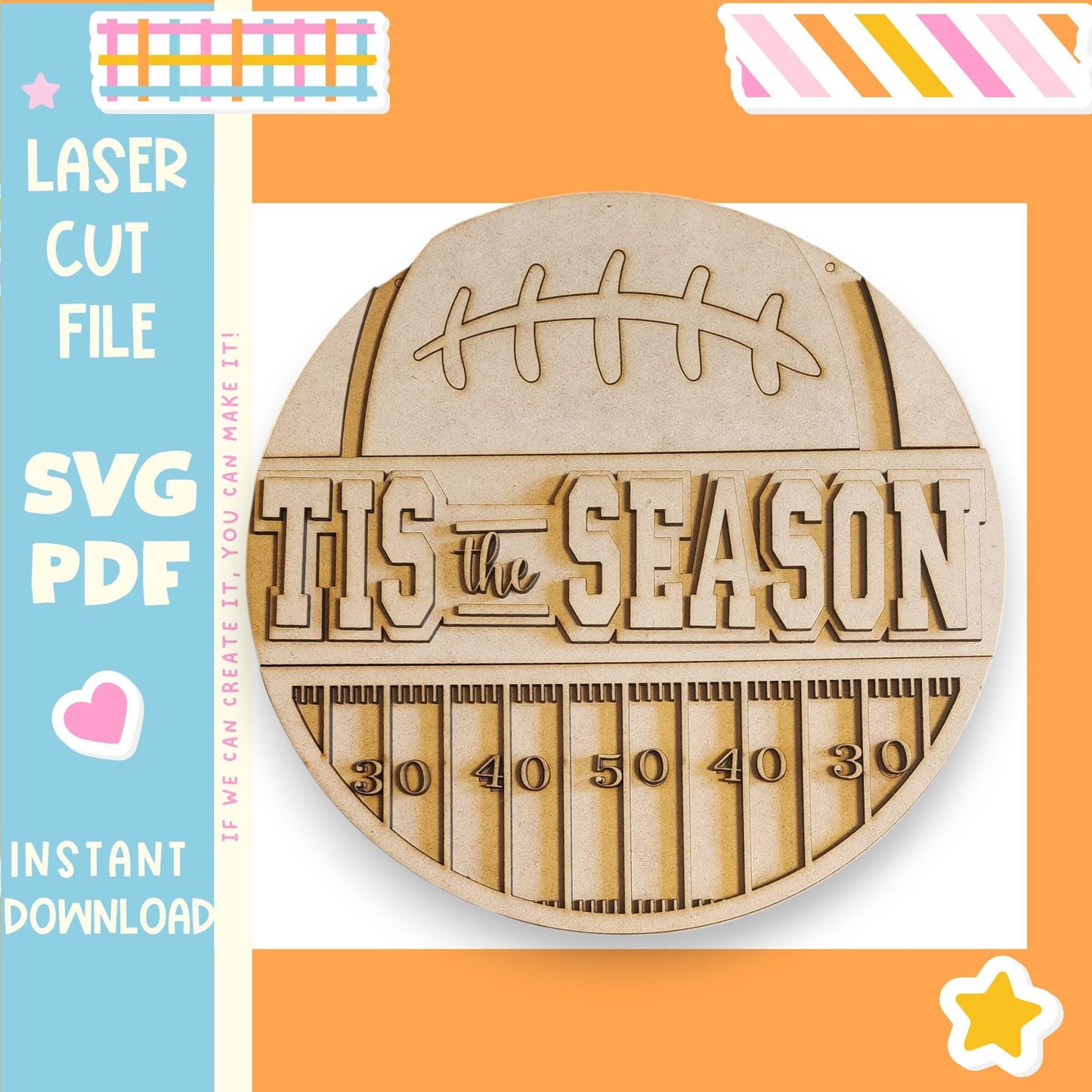 The image is a circular wooden sign with the text "TIS the SEASON" carved into it, surrounded by a colorful border.
