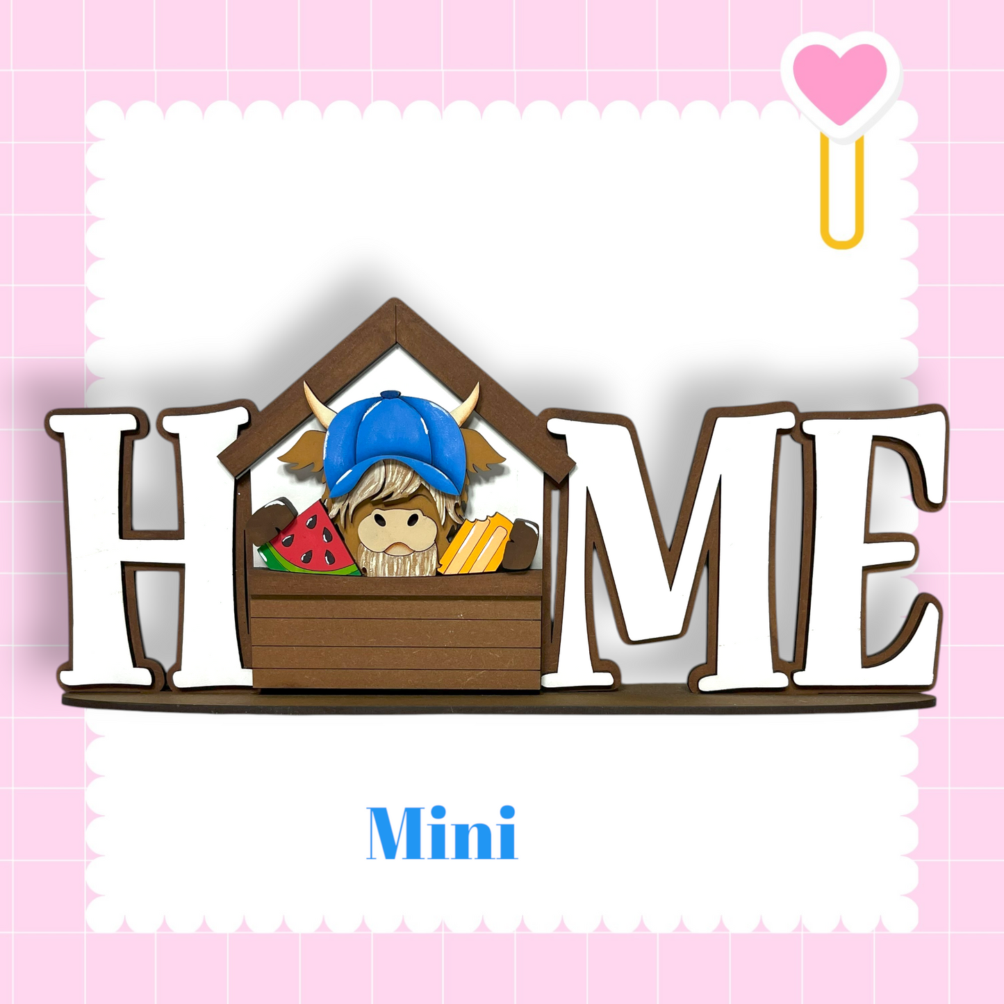 a wooden sign with the word "HOME" written on it, and a small cartoon character, likely a cow, is depicted inside the sign.