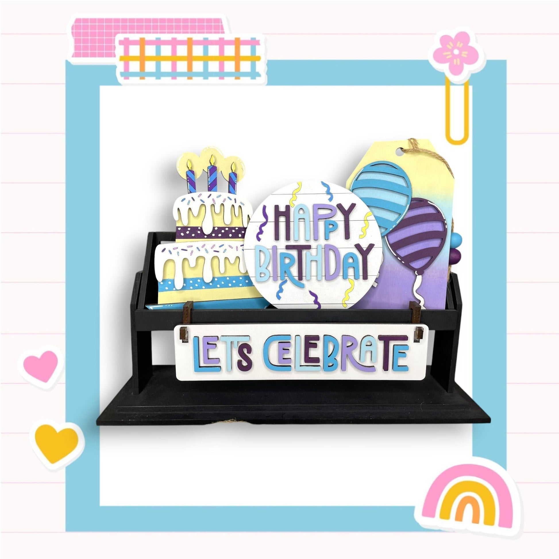 a birthday card with a cake and balloons