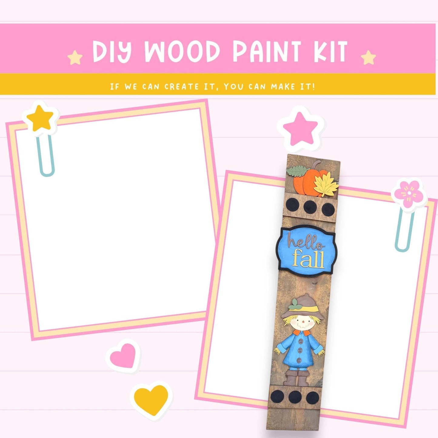 The image is a DIY wood paint kit with a blank white canvas, a wooden frame with a fall-themed design, and various decorative elements such as hearts and a star.