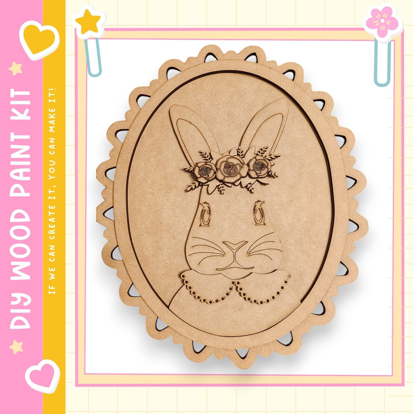 a wooden oval-shaped frame with a carved rabbit face on it, surrounded by a scalloped edge.