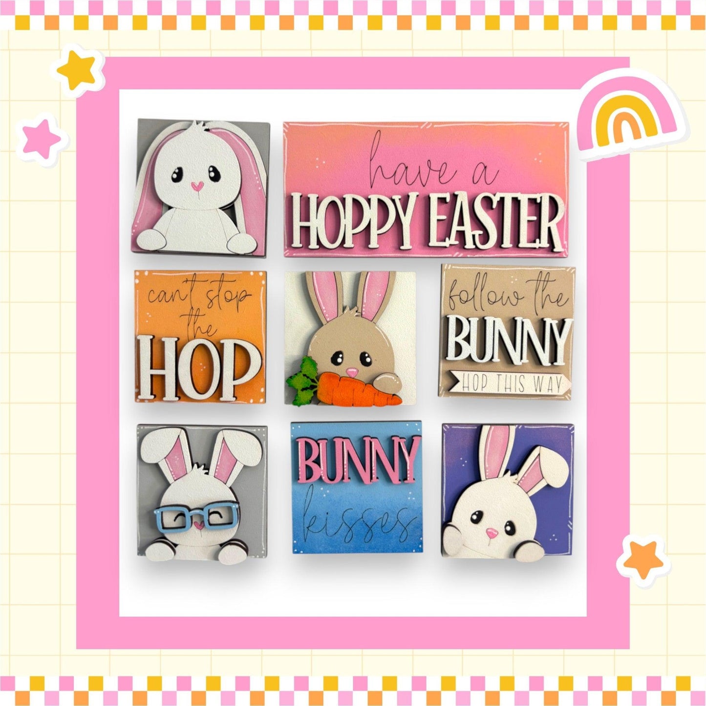 a picture of some bunny magnets on a pink background