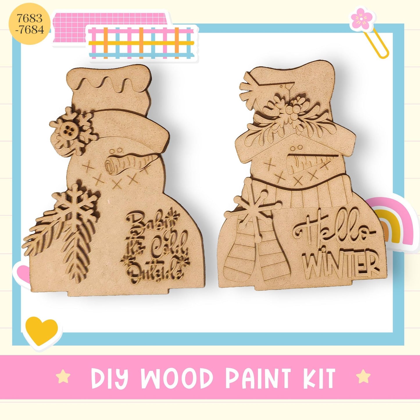 two wooden snowman ornaments with text and decorative elements, such as flowers and snowflakes, attached to them. The text on the snowmen reads "Babby is cold outside" and "Hello winter". The image also includes a DIY wood paint kit and a pink background with a rainbow and stars.