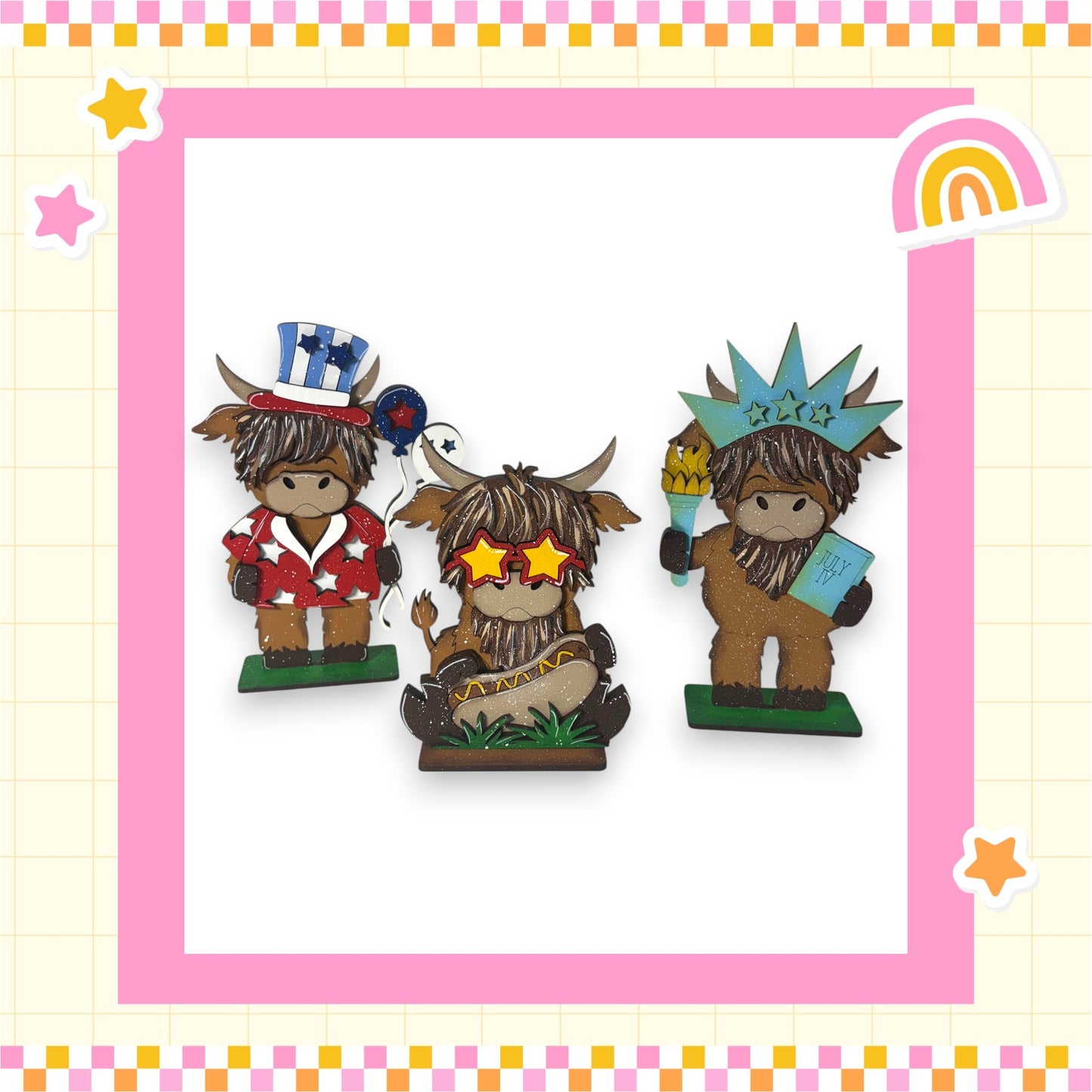 three cartoon cow figurines wearing hats and holding various objects, such as a book and a toy gun.