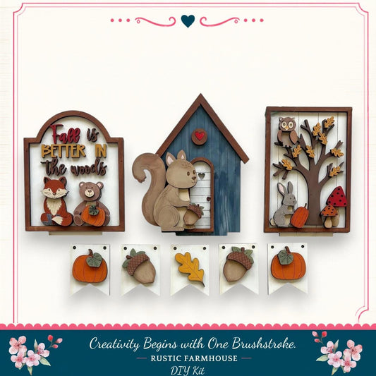 The image is a collage of various wooden cutouts depicting animals and seasonal elements, such as a squirrel, a bird, a tree, and pumpkins. The collage is framed by a decorative border, and the text "Creativity Begins with One Brushstroke. Rustic Farmhouse - DIY Kit" is displayed at the bottom.