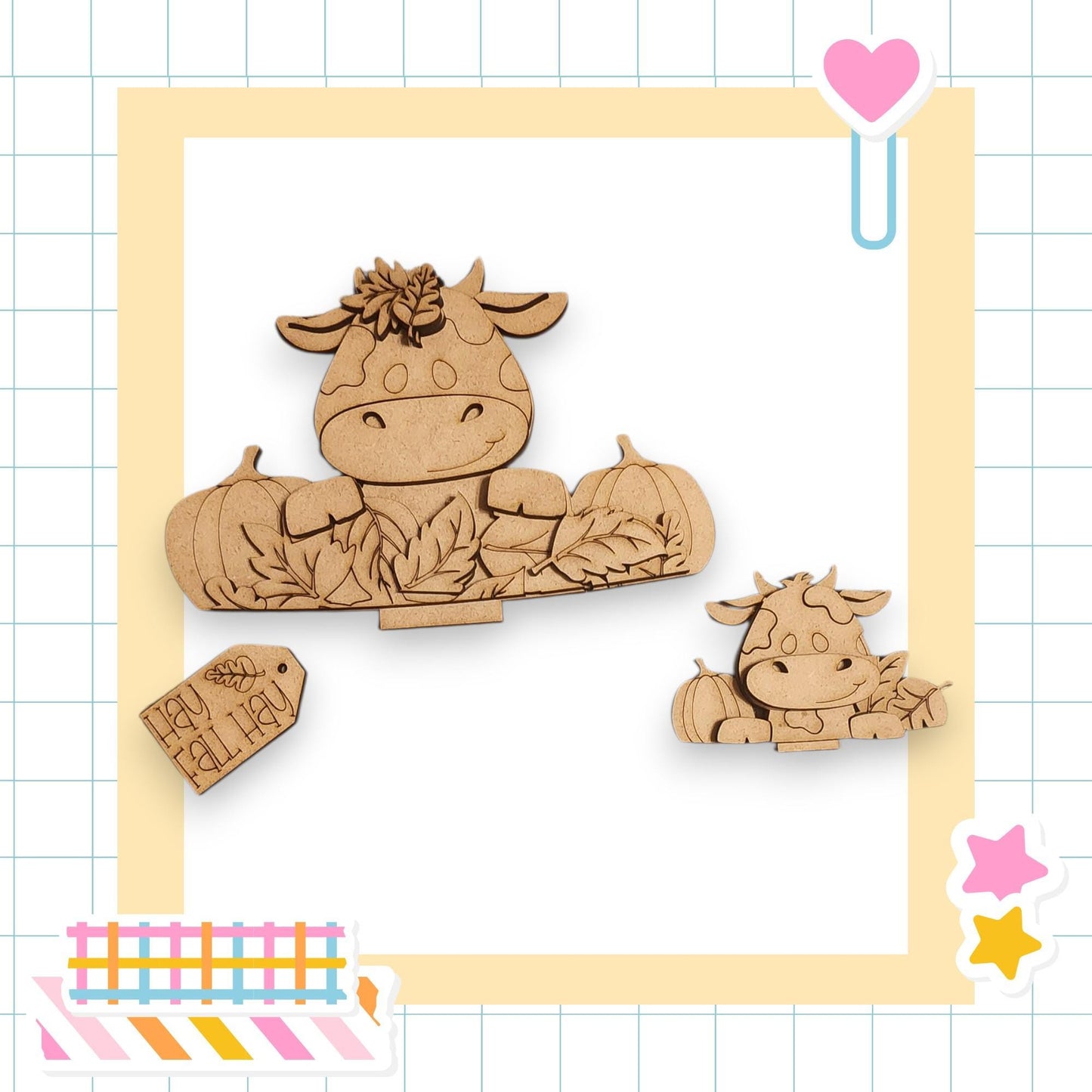 two wooden cow figurines, one larger and one smaller, set against a yellow and white checkered background.