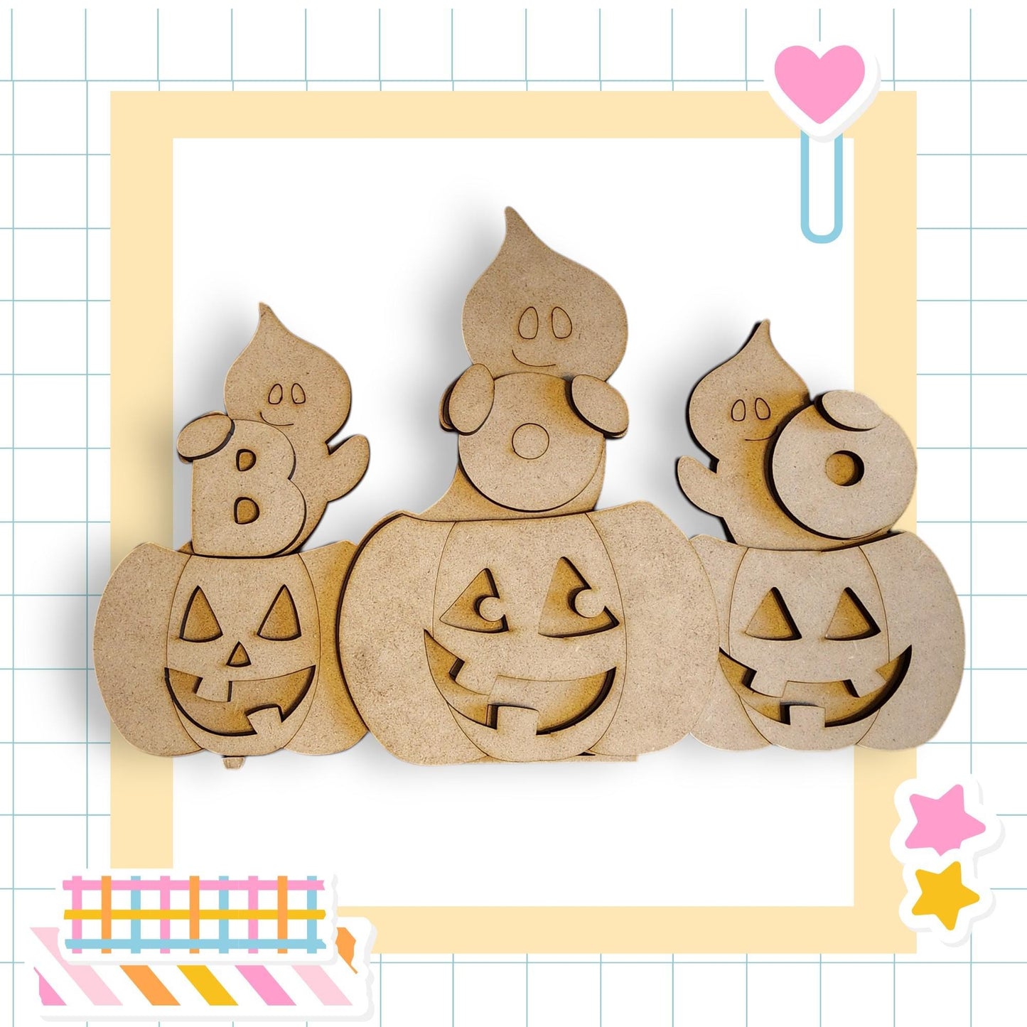 three wooden Halloween pumpkins with carved faces, arranged in a row.