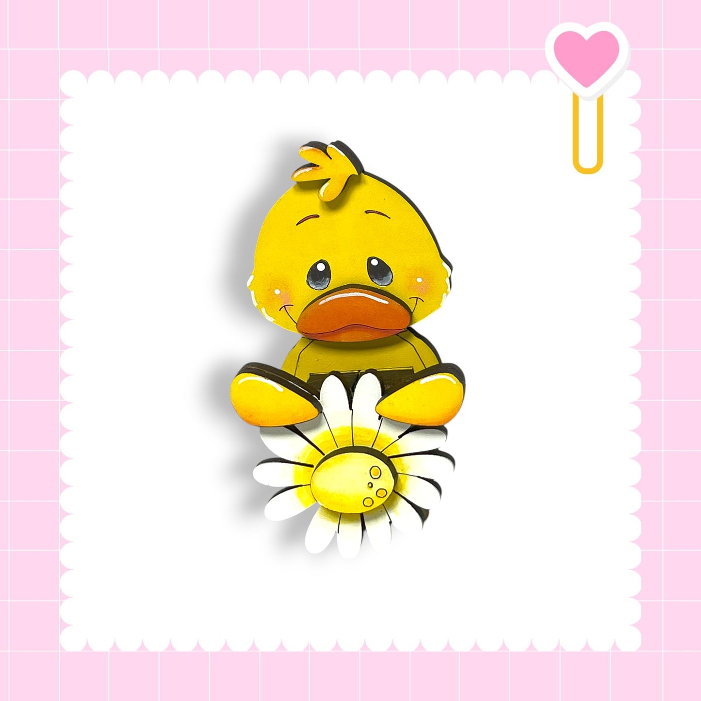 A cheerful yellow duck holding a flower is the central focus of the image, set against a pink background with a scalloped edge.