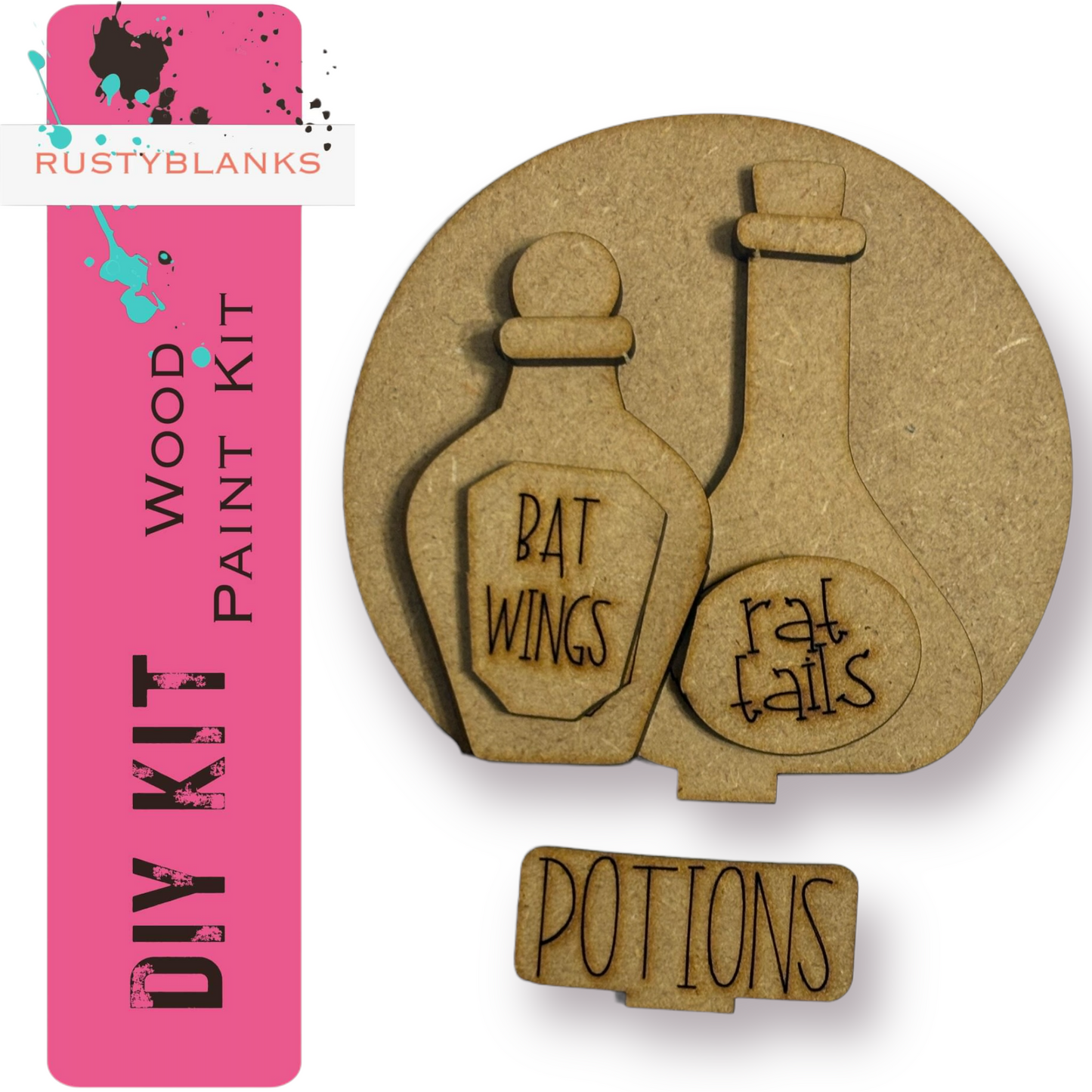 a DIY kit for creating wooden paint bottles with labels, including a "POTIONS" label. The kit appears to be a wood paint kit, and the kit is described as a "DIY KIT" with a "RUSTYBLANKS" logo.