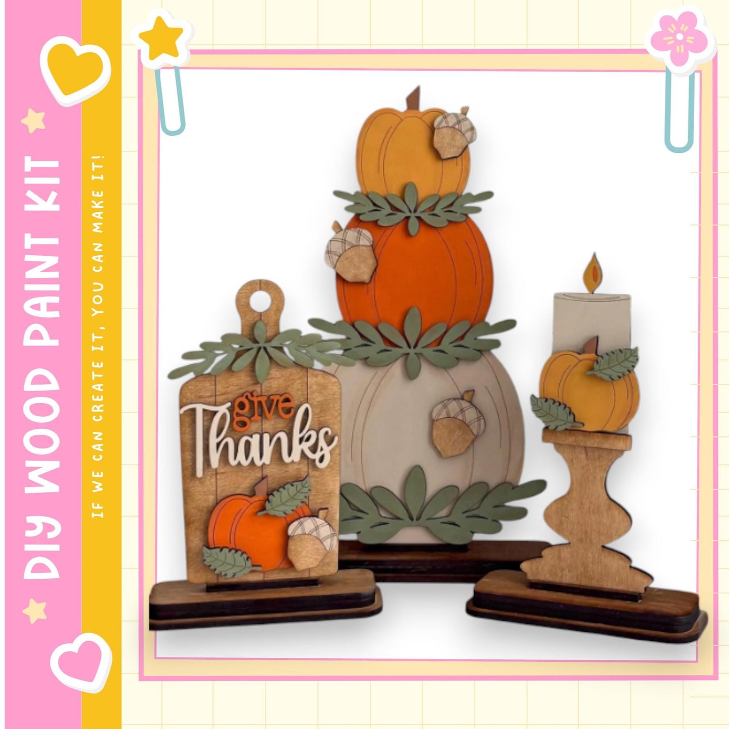 A wooden paint kit featuring a carved pumpkin and a candle, with the words "Give Thanks" written on the pumpkin.