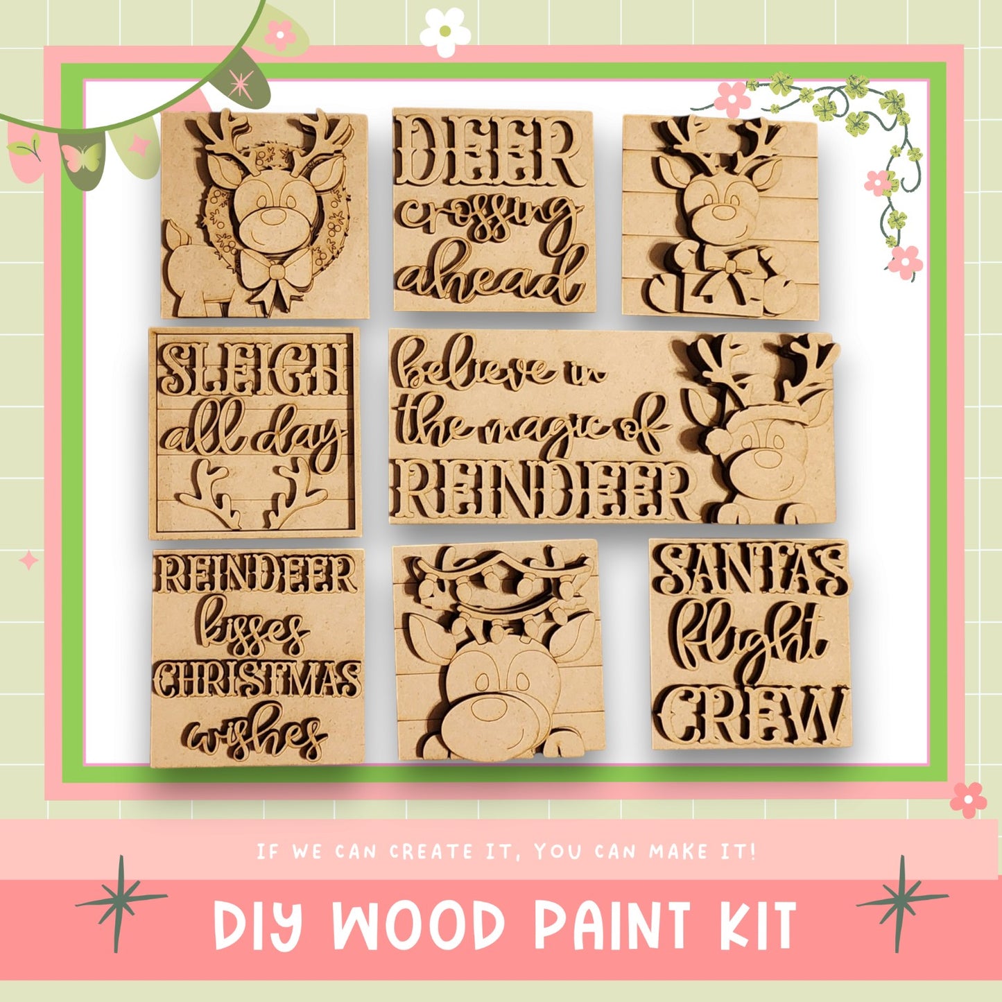 The image is a DIY wood paint kit featuring various wooden cutouts with festive holiday-themed designs, such as reindeer, Santa Claus, and Christmas wishes.