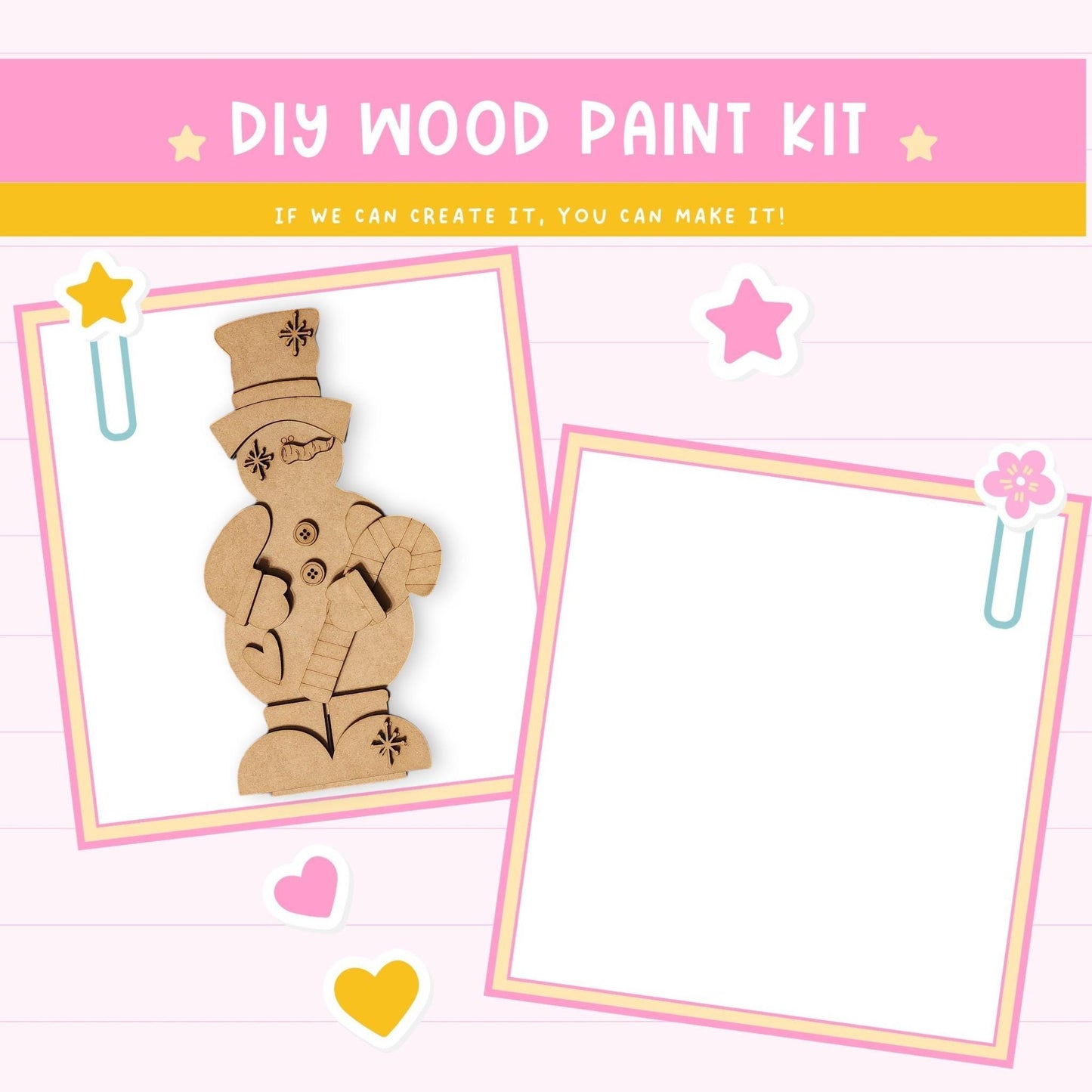 The image is a DIY wood paint kit with a snowman and a blank space for painting.