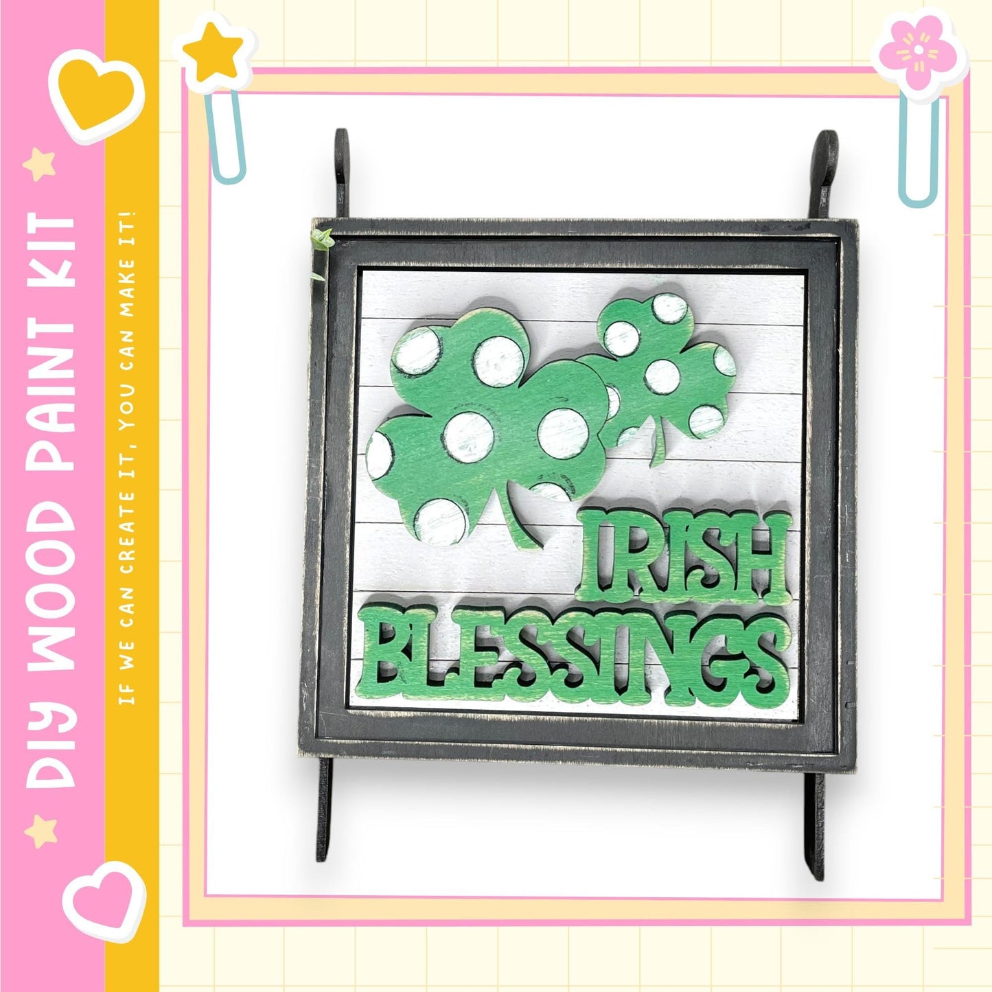 a framed sign with the text "IRISH BLESSINGS" and a cloverleaf design, which is a traditional symbol associated with St. Patrick's Day.