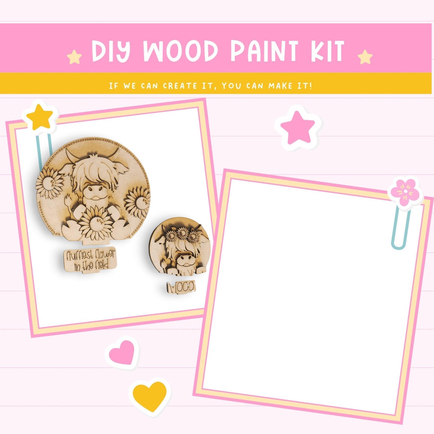 The image is a DIY wood paint kit with a pink background and a yellow border. It features a wooden character and a wooden flower, along with a blank space for painting.