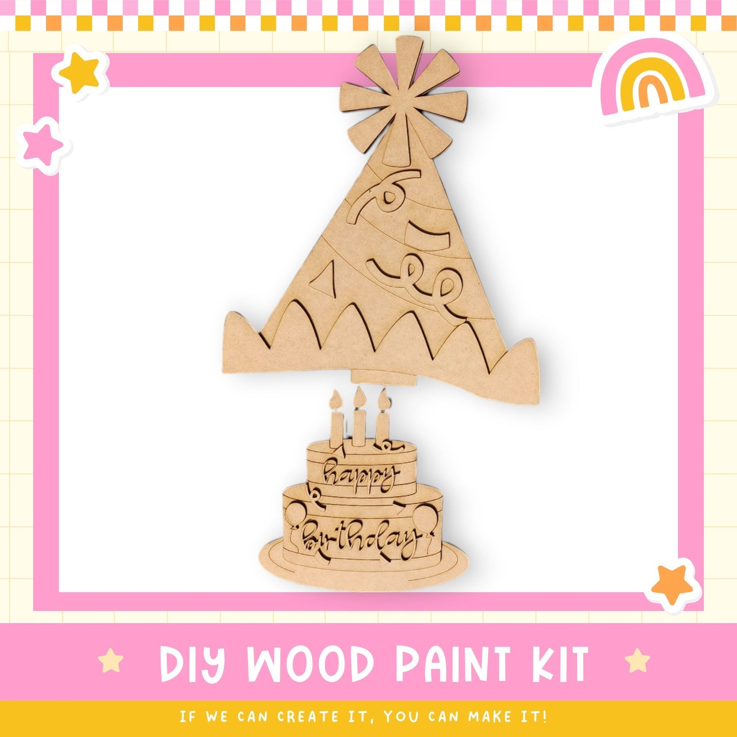 a wooden craft kit with a birthday cake