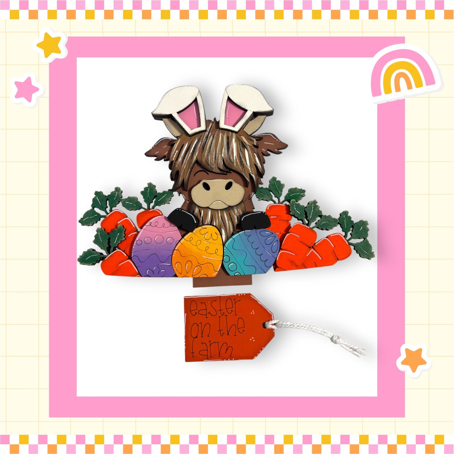 A cartoon rabbit wearing bunny ears and surrounded by colorful Easter eggs, carrots, and a sign that says "Easter on the Farm".