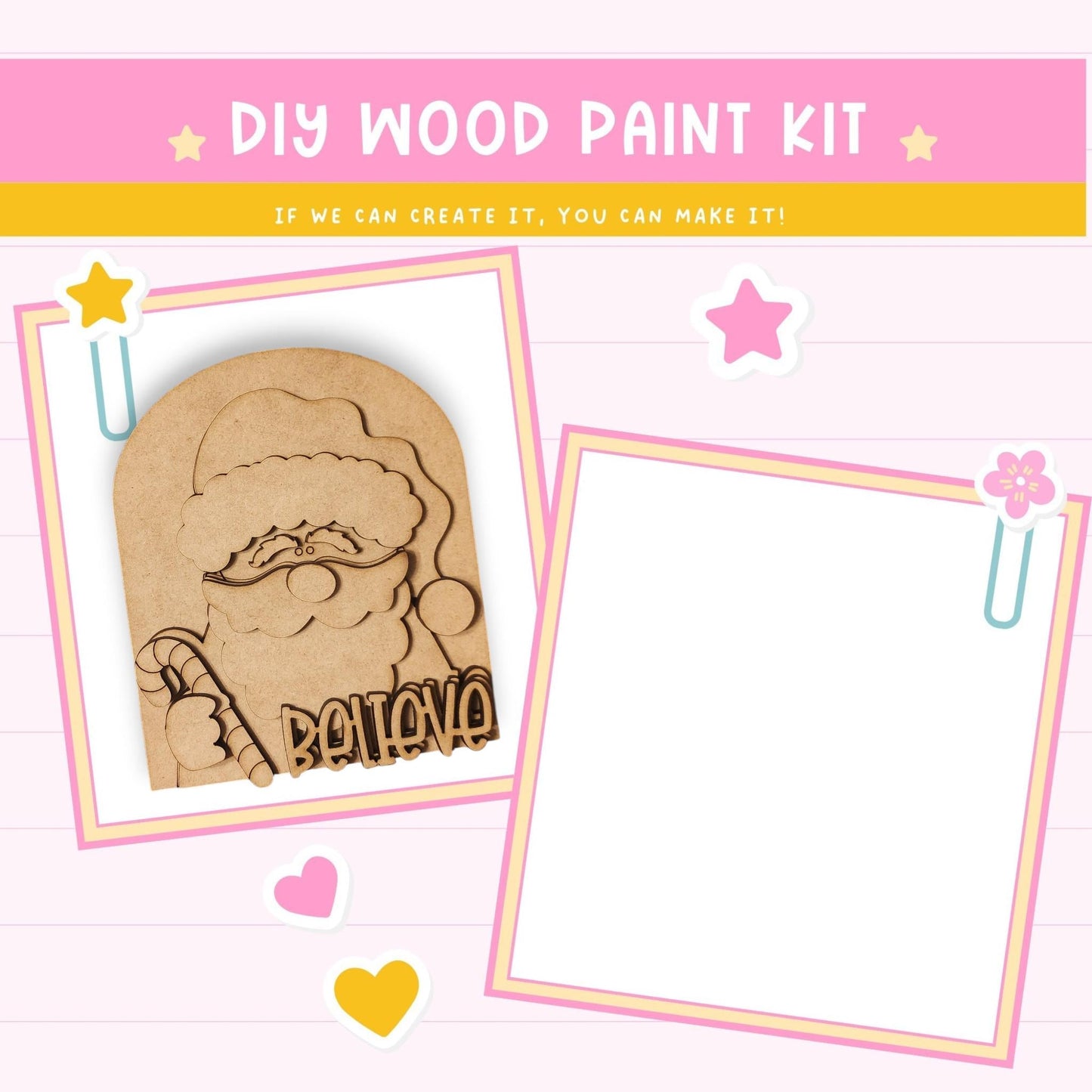 The image is a DIY wood paint kit with a Santa Claus figure and a blank frame. The kit appears to be designed for creating custom wooden frames or decorations.