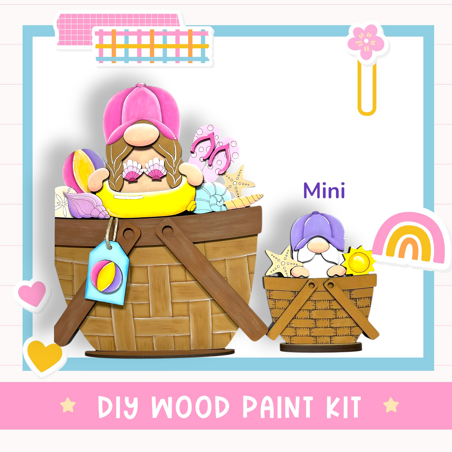 The image is a colorful illustration featuring two wooden gnomes in baskets, surrounded by various decorative elements such as flowers, stars, and hearts. The text "DIY WOOD PAINT KIT" is displayed, indicating that this is a DIY wood paint kit for creating wooden gnome decorations.
