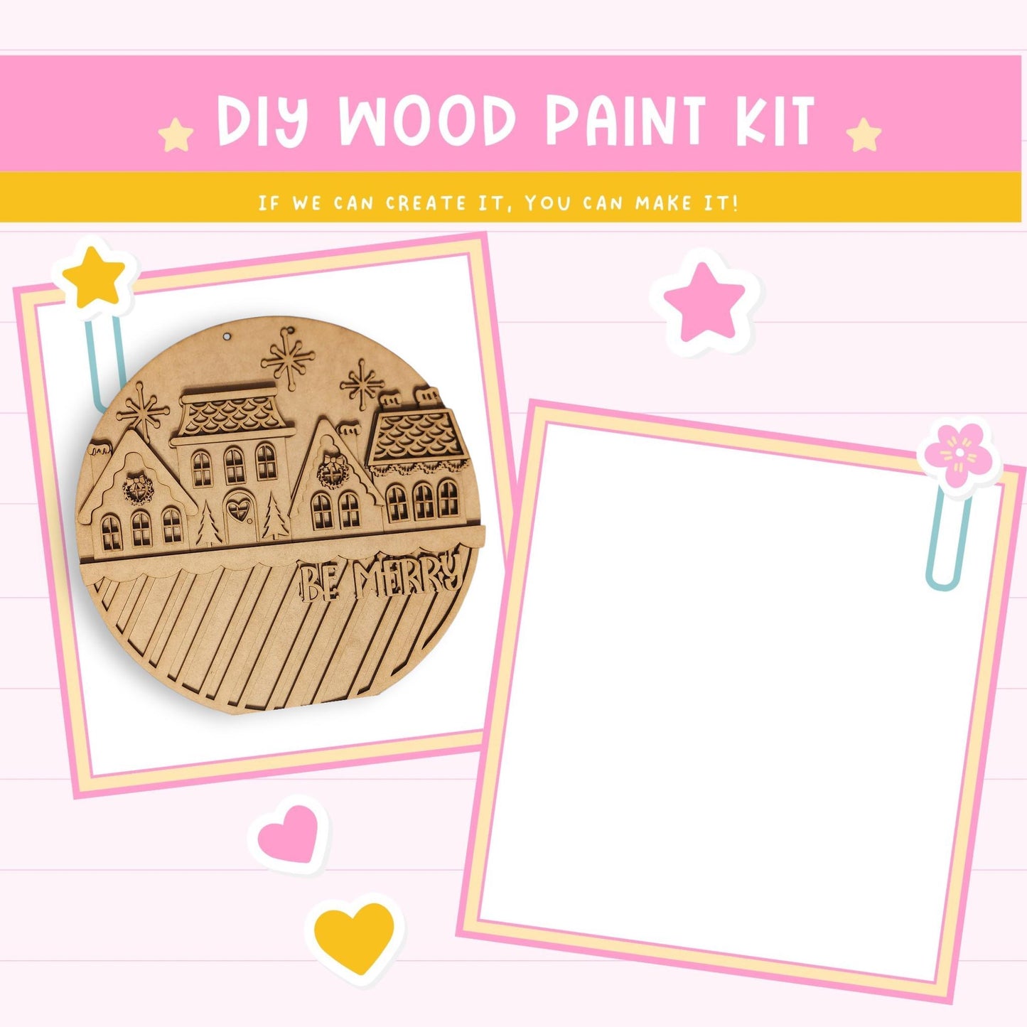 The image is a DIY wood paint kit advertisement, featuring a wooden ornament with a winter scene and a blank white space for painting.