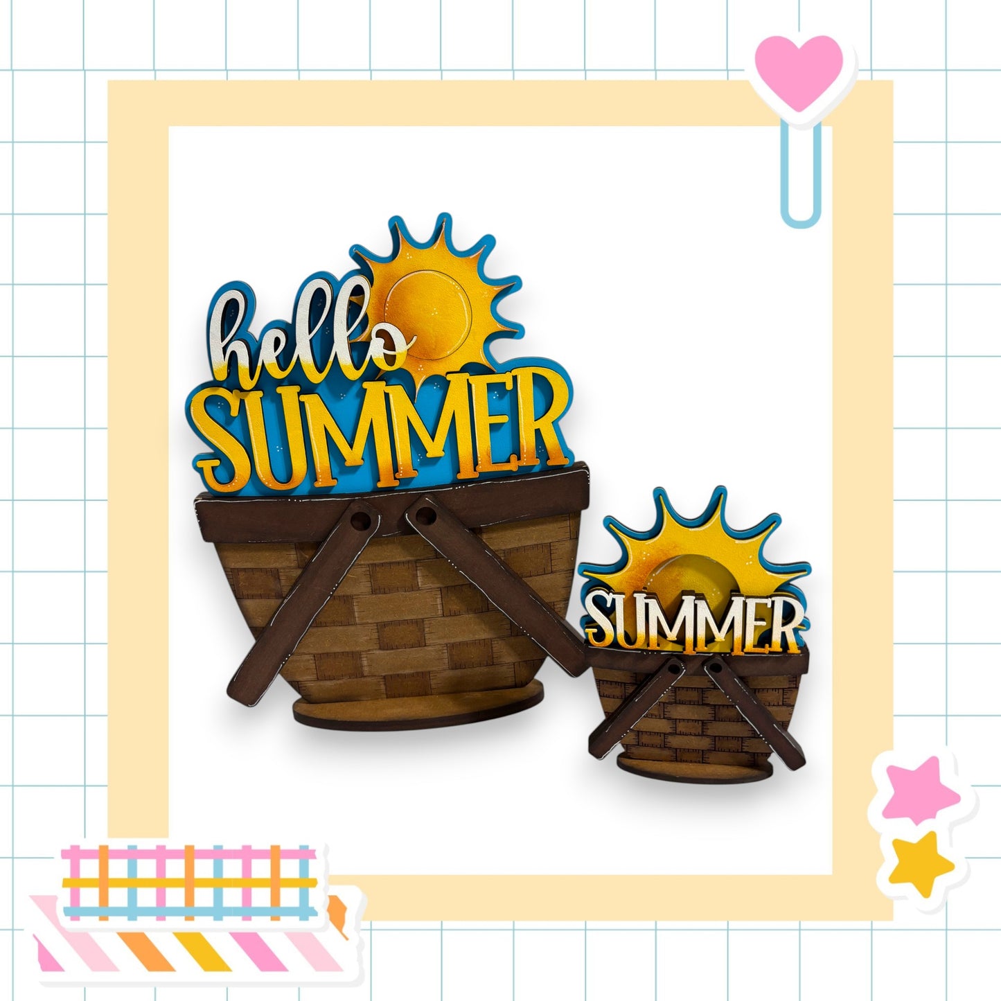 a basket with the word "SUMMER" written on it, along with a heart and a sun decoration.