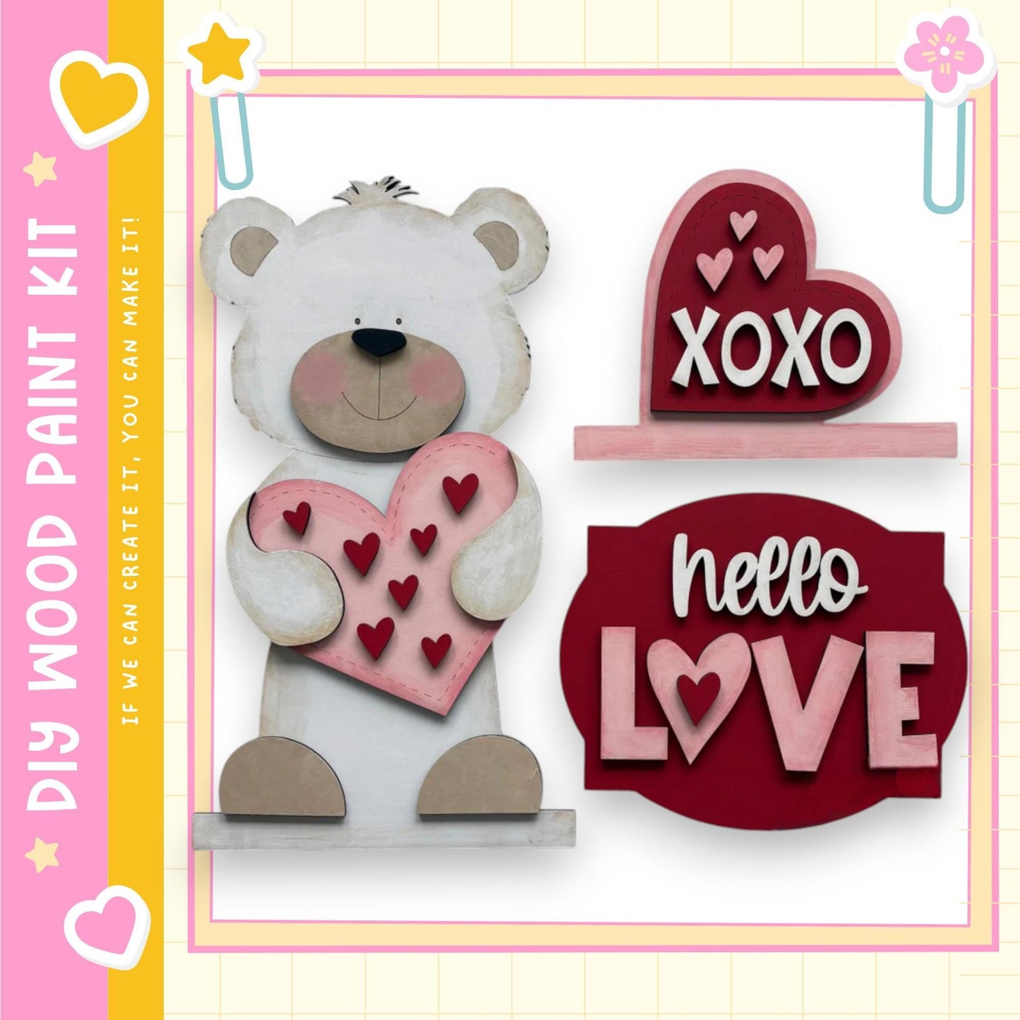 a wooden teddy bear holding a heart-shaped sign that says "XOXO" and another sign that says "Hello Love".