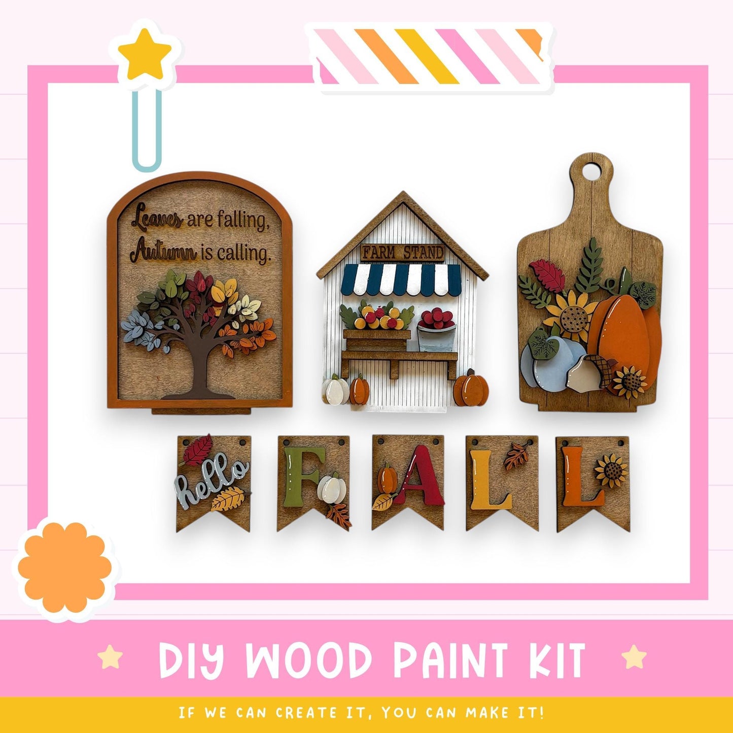 The image is a DIY wood paint kit featuring various fall-themed decorations, including a tree, farm stand, and banners.