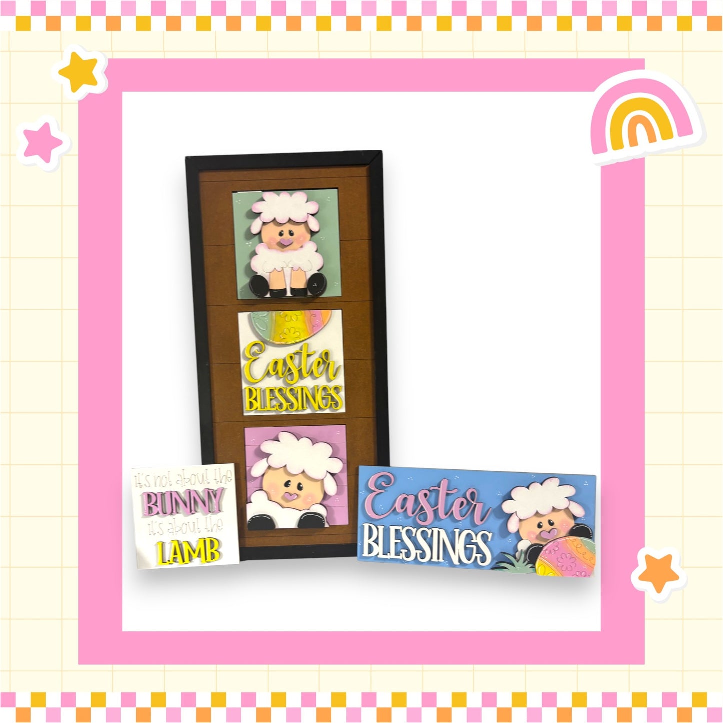 a wooden frame with a picture of a lamb inside, surrounded by Easter-themed signs and decorations.