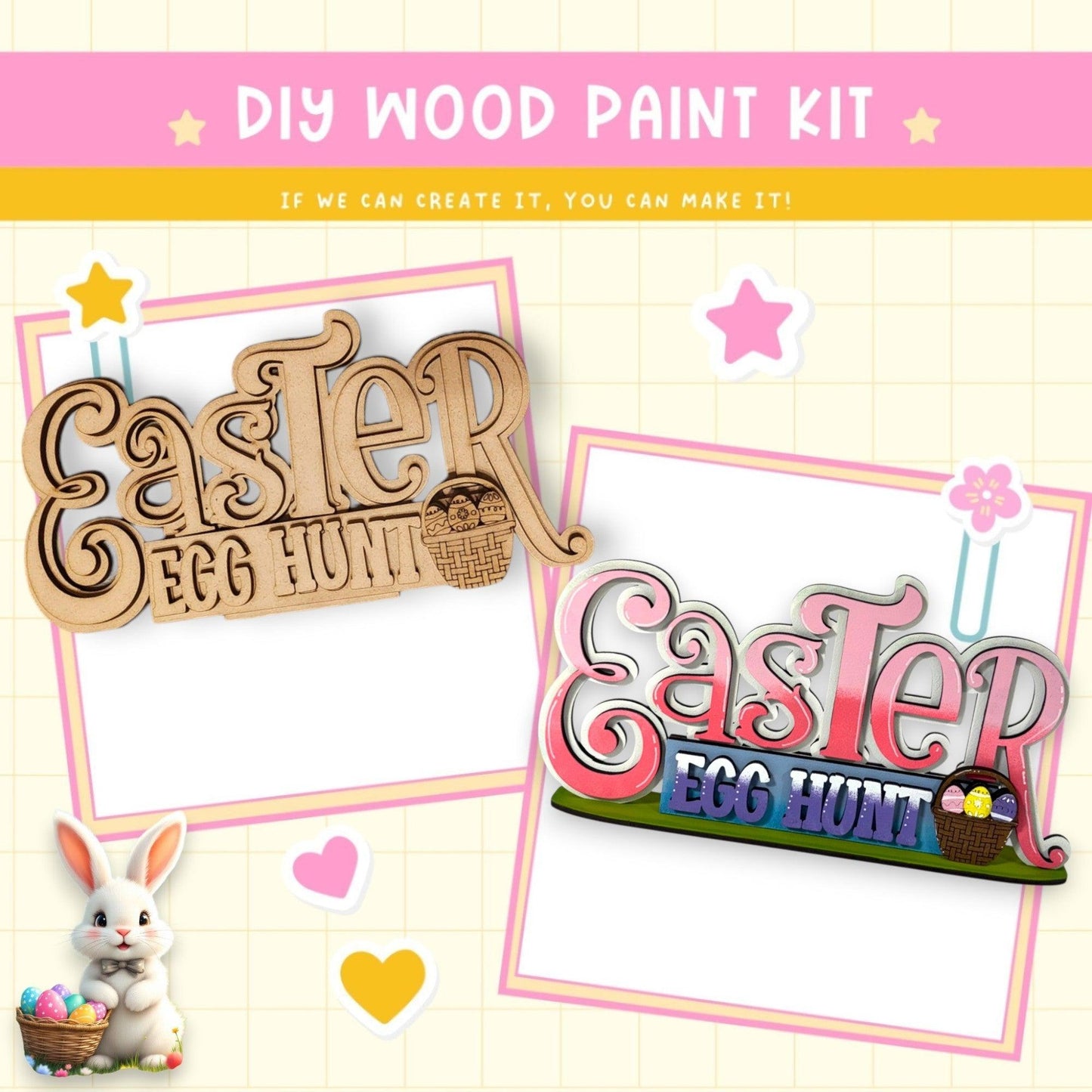 a wooden cutout of an easter bunny and a sign that says easter egg hunt