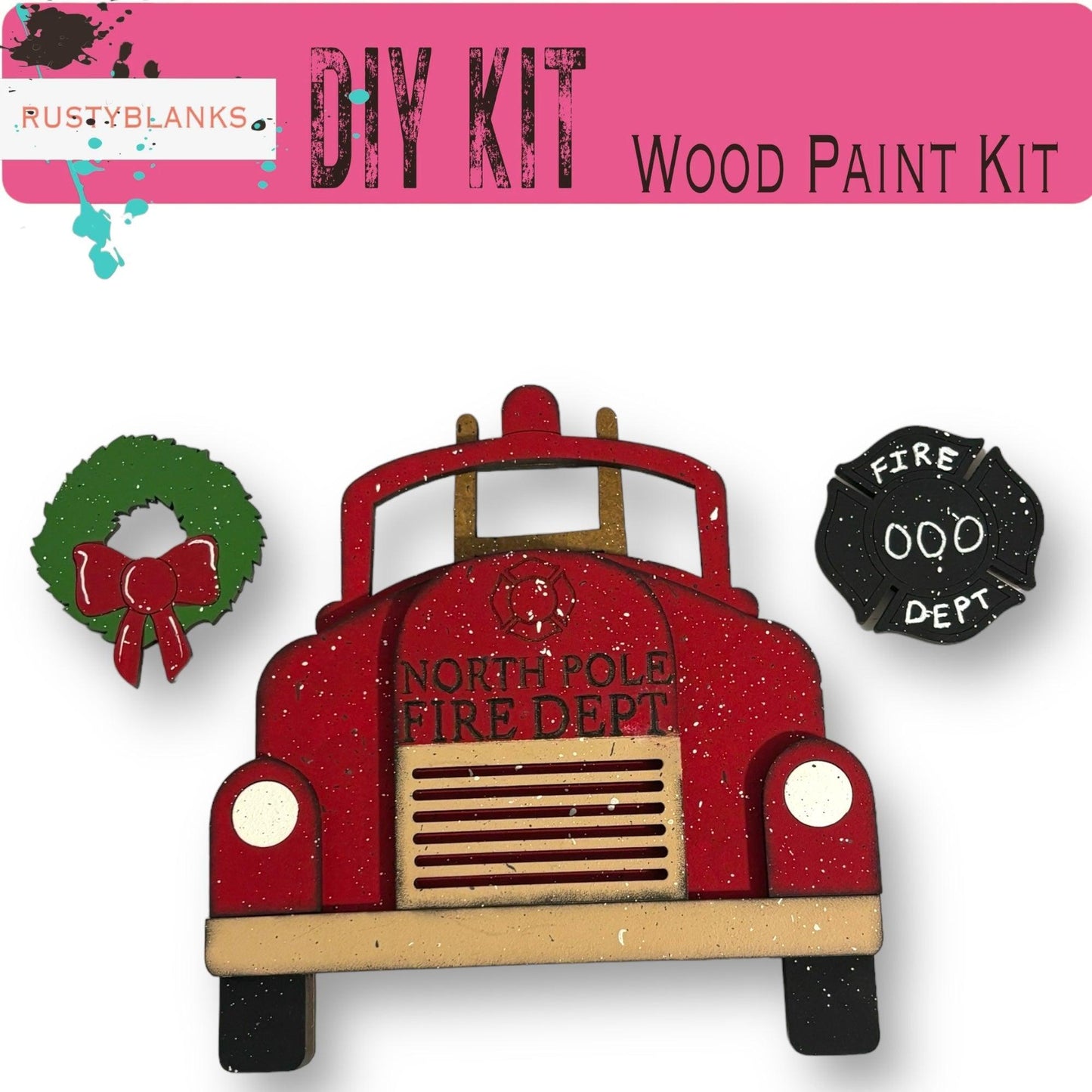 a red fire truck with a wreath on top of it