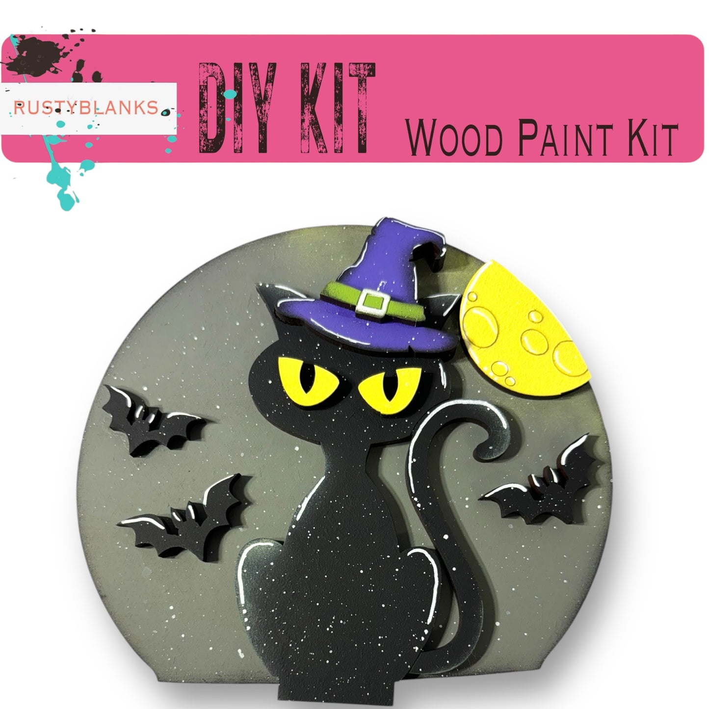 The image is a Halloween-themed DIY kit featuring a black cat wearing a witch's hat, with bats and a full moon in the background.