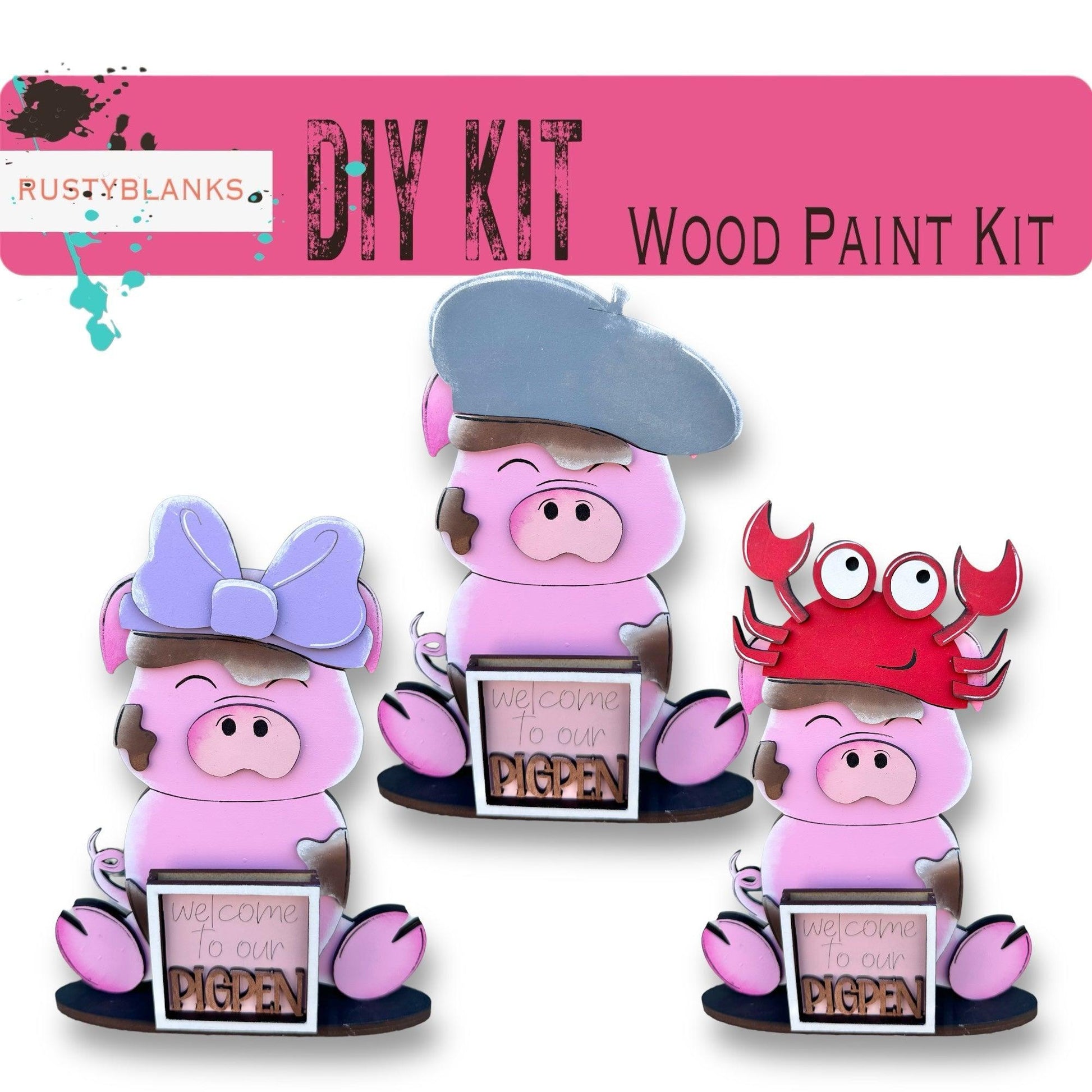 a group of three pink pigs holding a picture frame