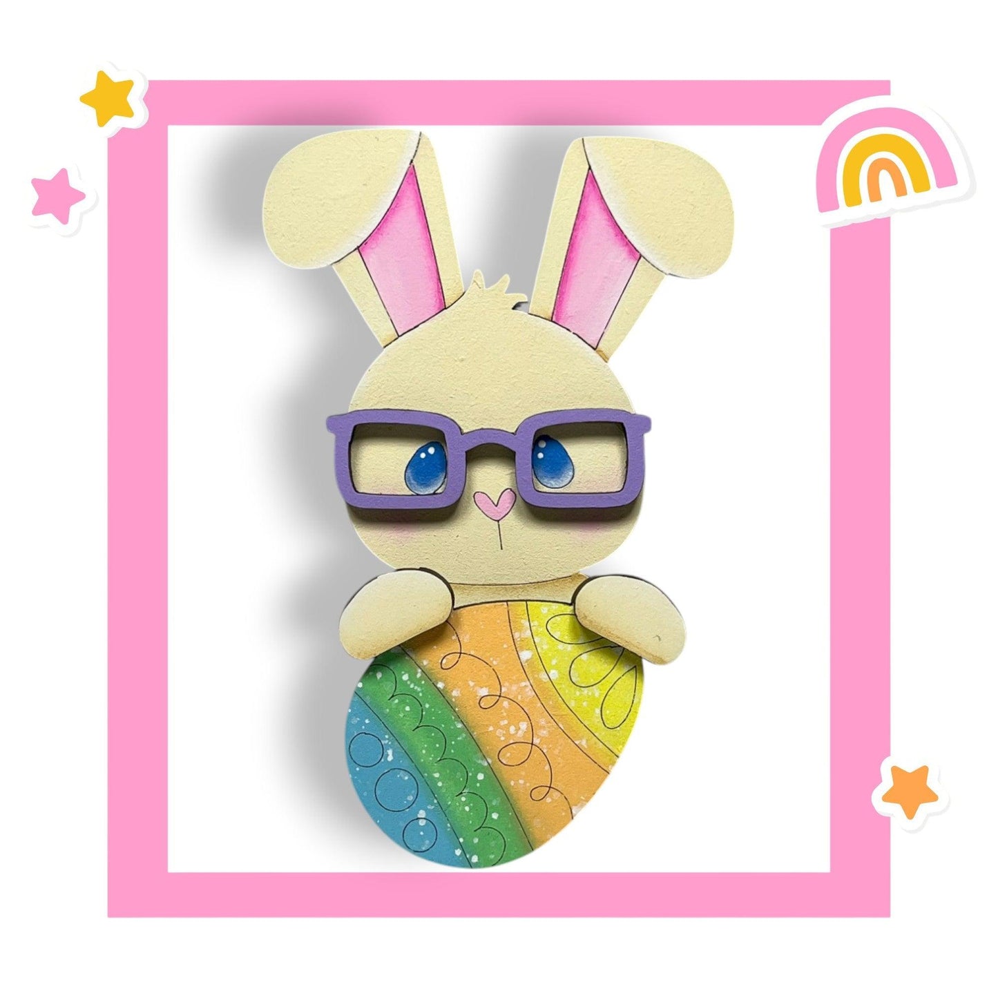 a paper cutout of a bunny wearing glasses