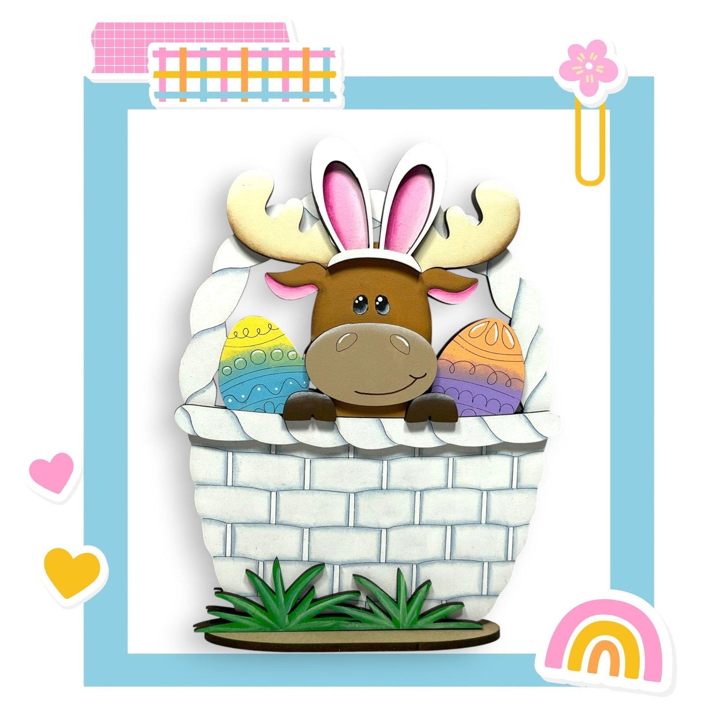 a card with a picture of a moose in a basket