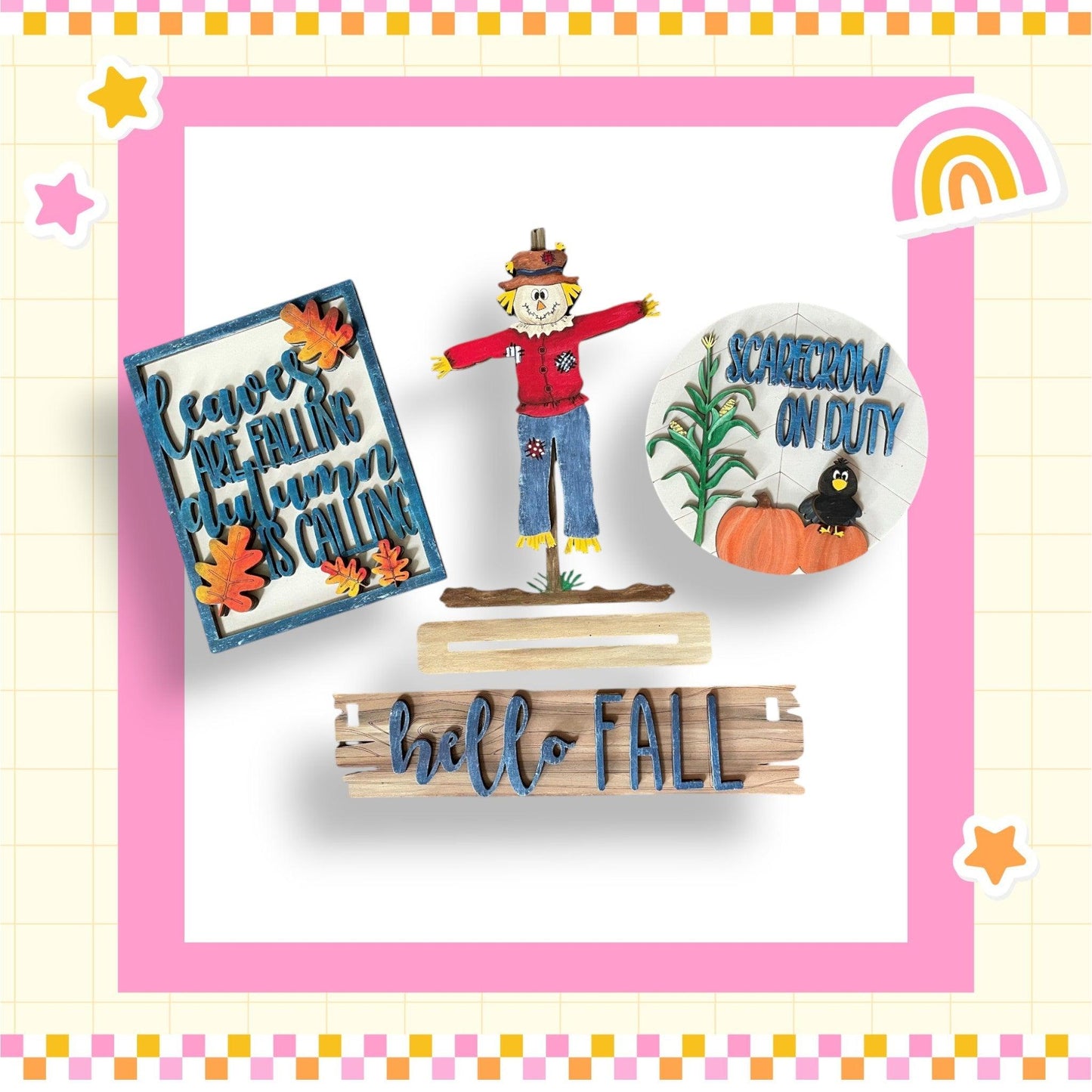 a wooden sign with a picture of a scarecrow on it