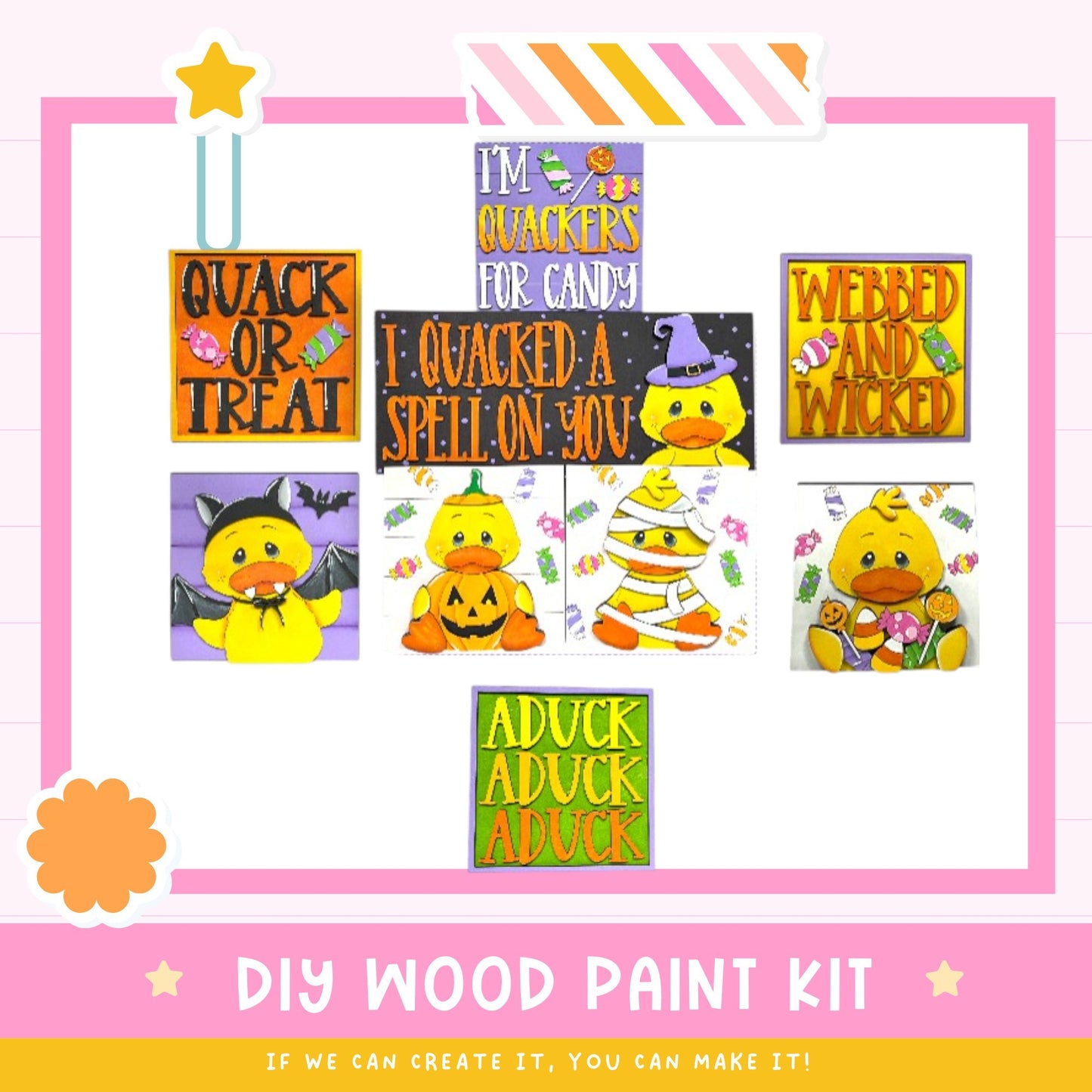 The image is a collage of various Halloween-themed illustrations, including a quack or treat, a webbed and wicked duck, and a jack-o-lantern. The collage is framed in pink and orange, and the text "DIY WOOD PAINT KIT" is displayed at the bottom.