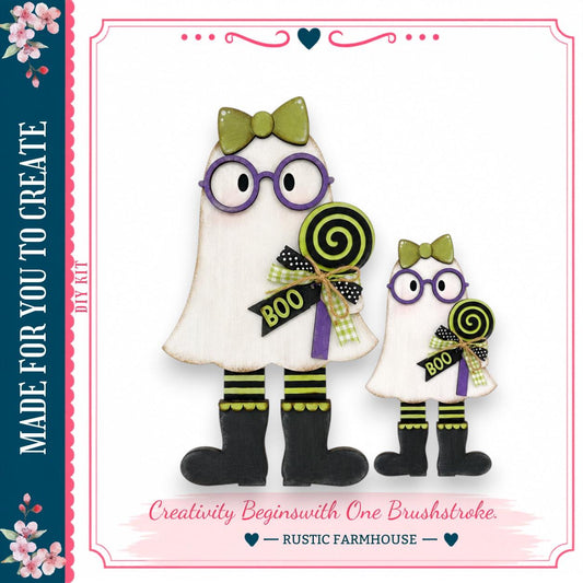 two whimsical, ghostly figures dressed in Halloween costumes, including purple glasses and green bows, holding lollipops. The caption below the image reads "Creativity Begins with One Brushstroke - Rustic Farmhouse".