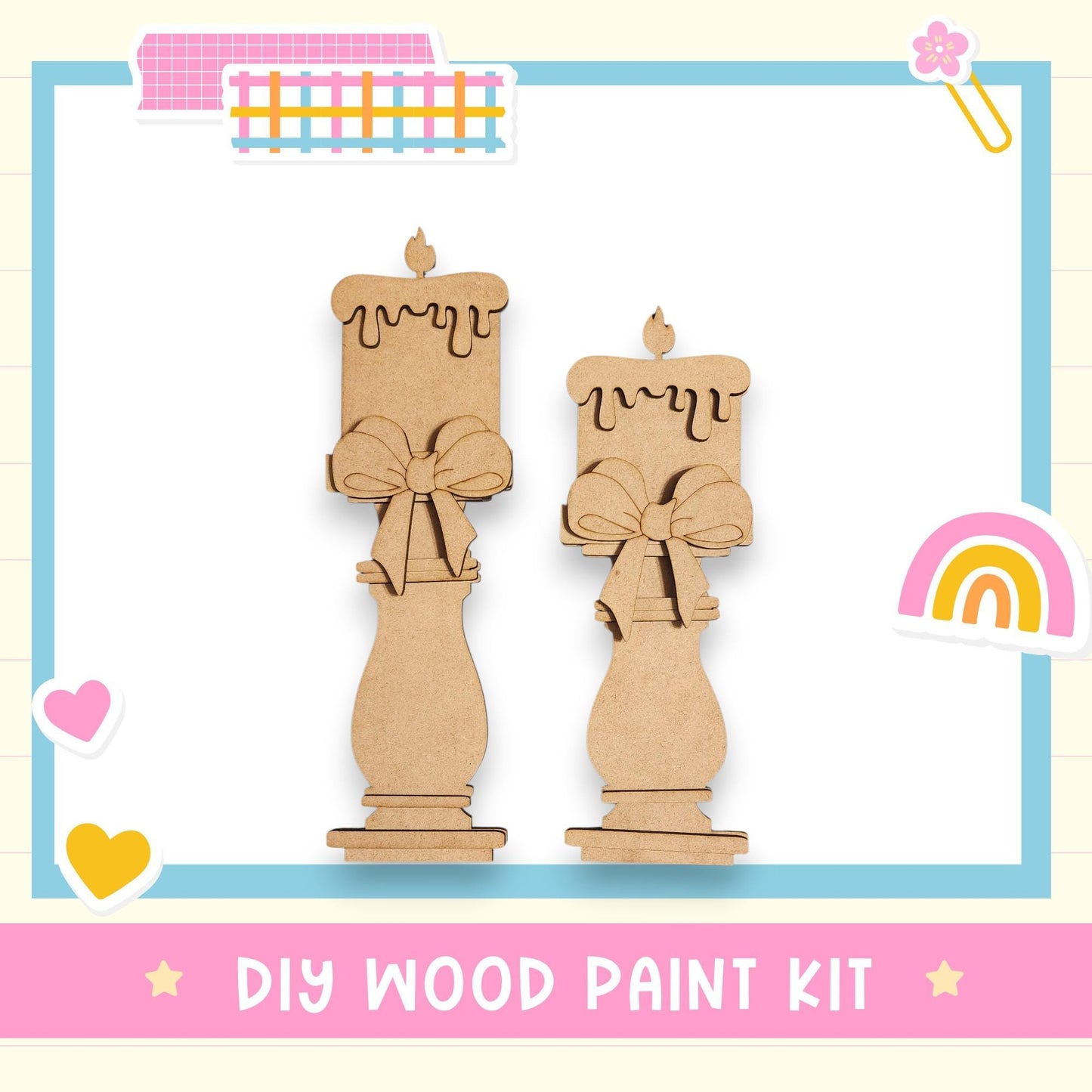 two wooden candle holders, each with a bow, as part of a DIY wood paint kit.