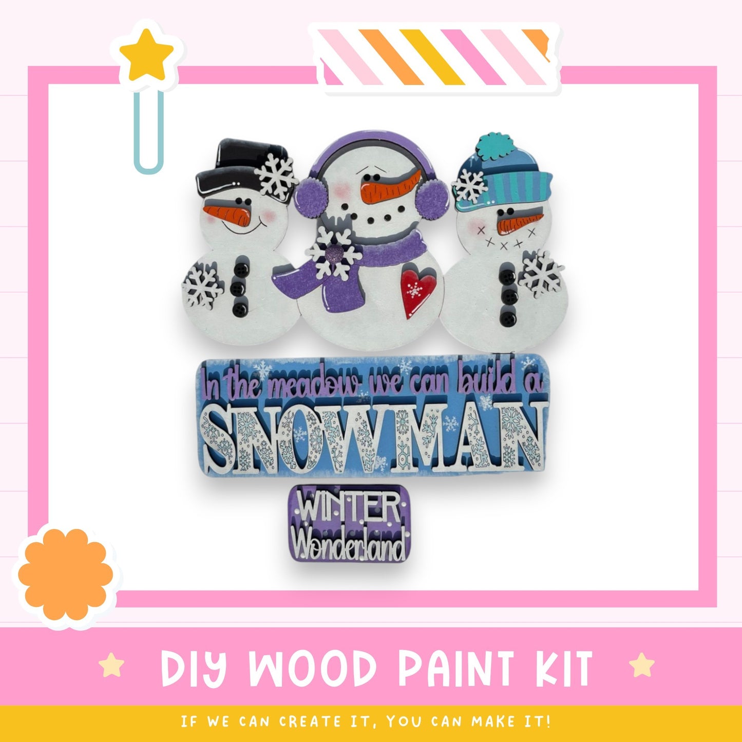 The image is a promotional poster for a DIY wood paint kit that allows users to create a snowman. It features three snowmen with various accessories, such as hats, scarves, and snowflakes, arranged in a visually appealing manner. The text on the poster encourages viewers to create their own snowman using the provided kit, emphasizing the fun and creativity involved in the process.