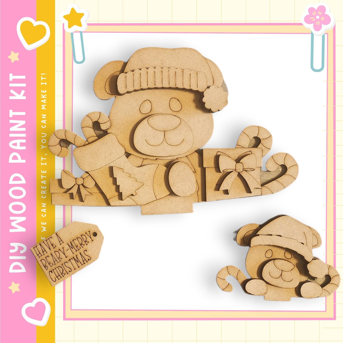 A wooden paint kit featuring a bear and a smaller bear, along with various holiday-themed elements such as candy canes and a ribbon.