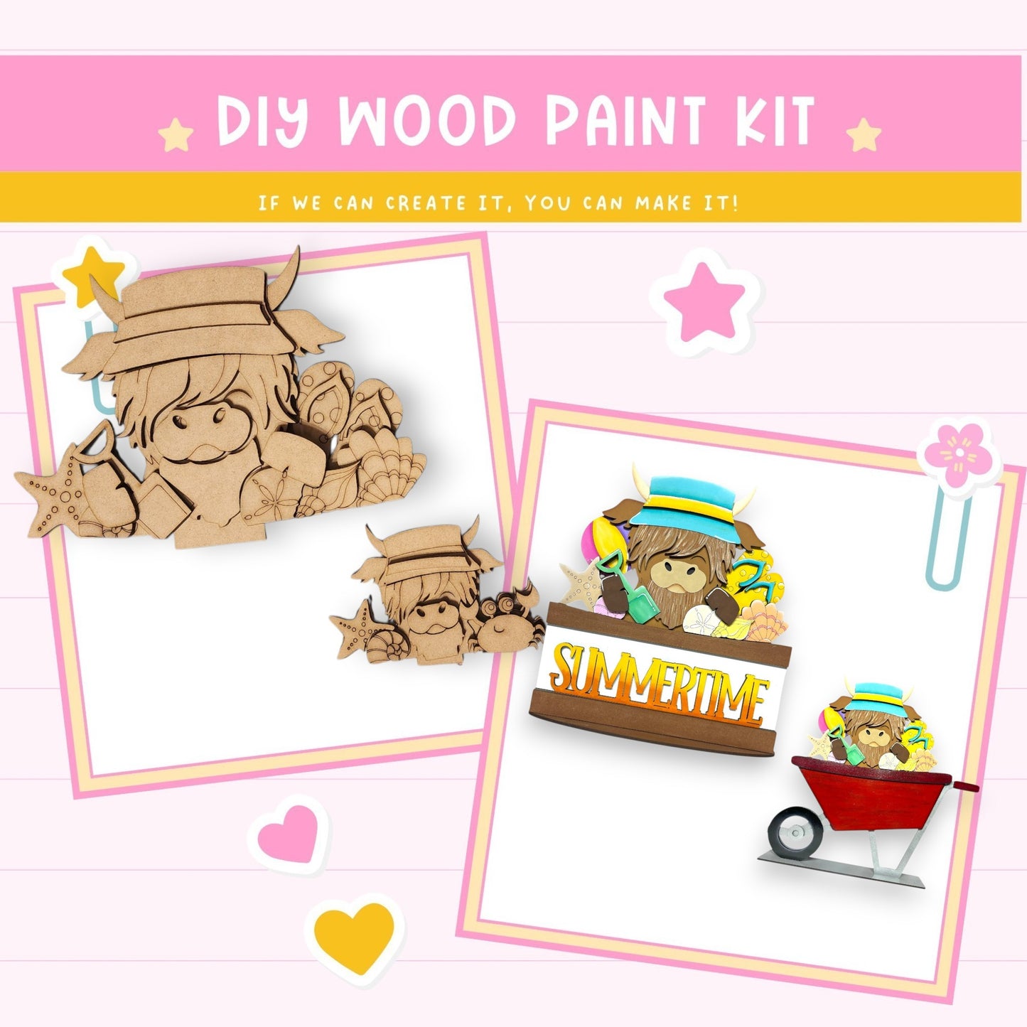 The image is a collage featuring a DIY wood paint kit with various cartoon-style illustrations, including a character wearing a hat and a wagon.