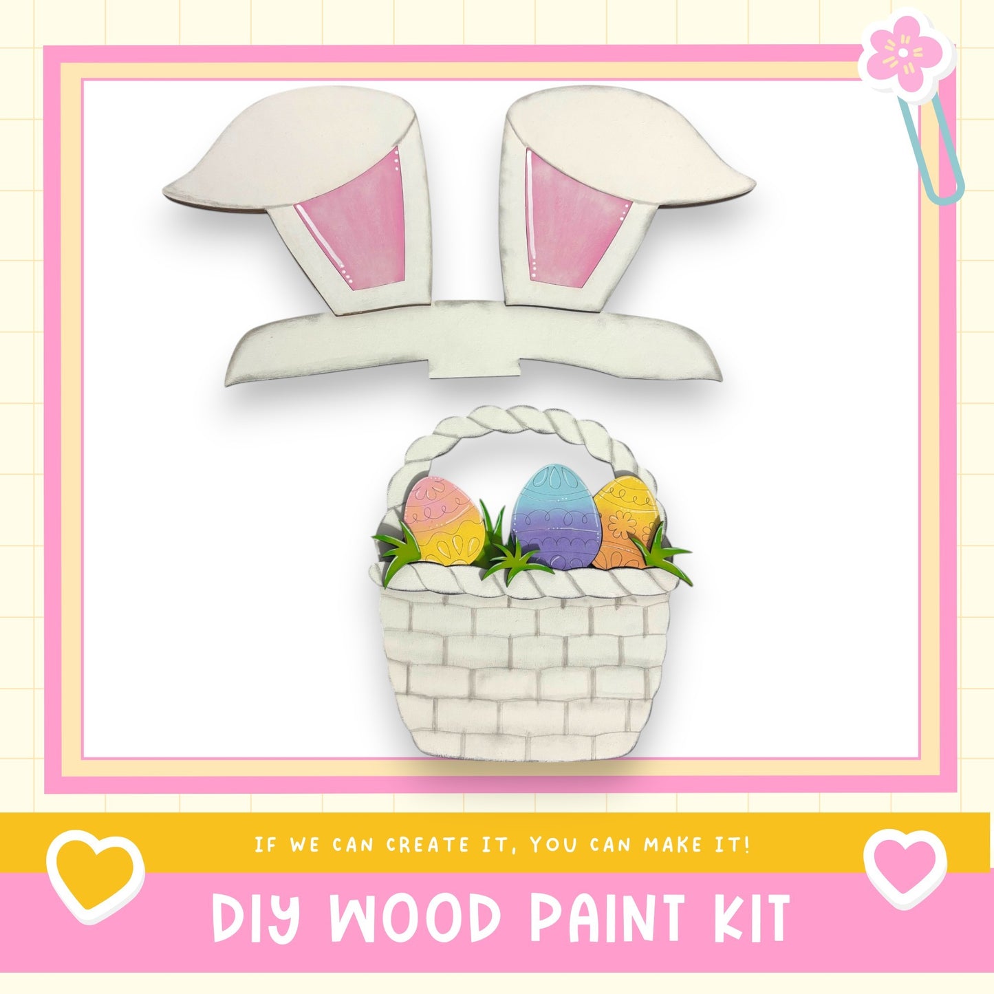 The image is a DIY wood paint kit featuring a basket filled with Easter eggs and a pair of bunny ears, set against a pink and white background.