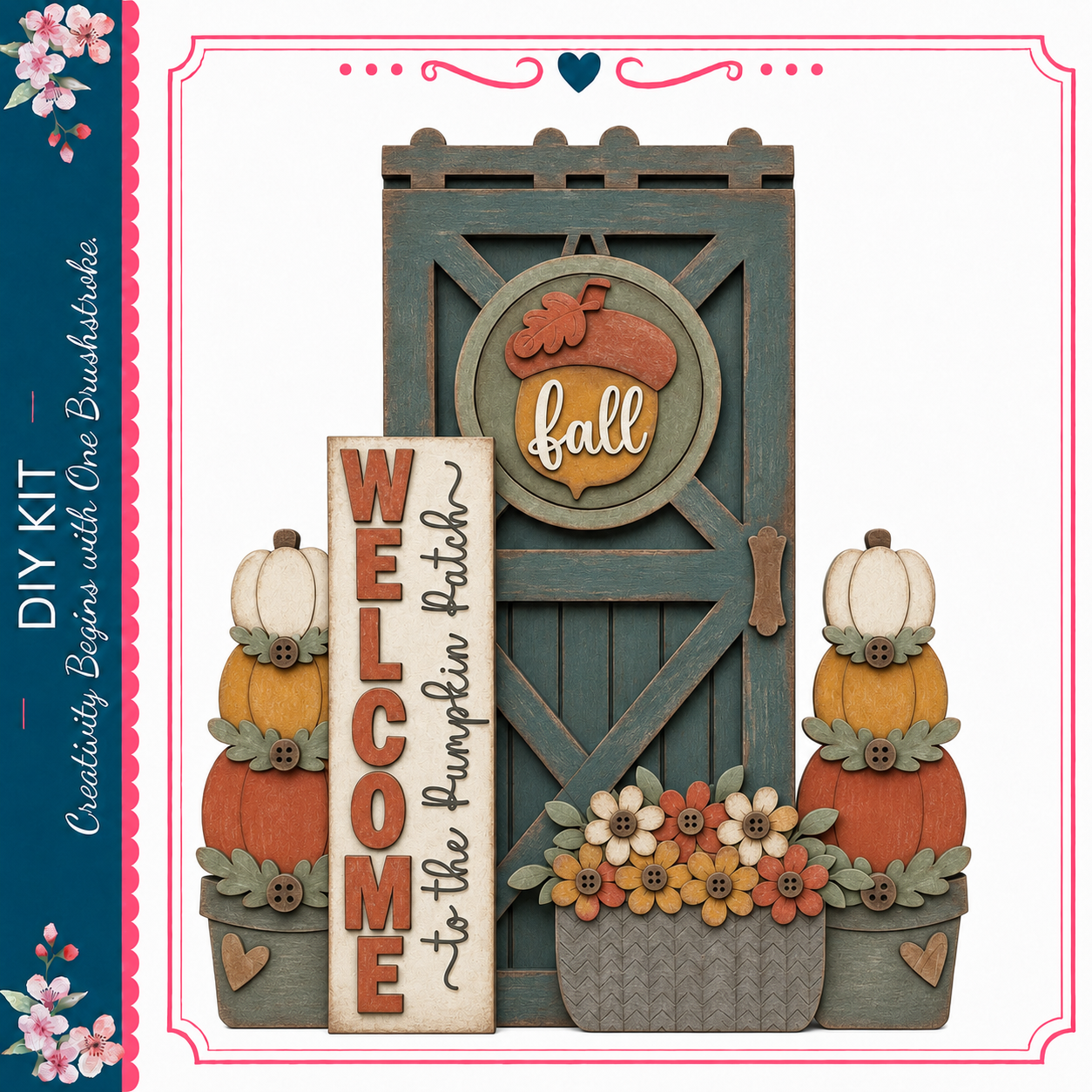 a wooden door with a welcome sign, surrounded by decorative elements such as pumpkins, flowers, and a heart-shaped sign.