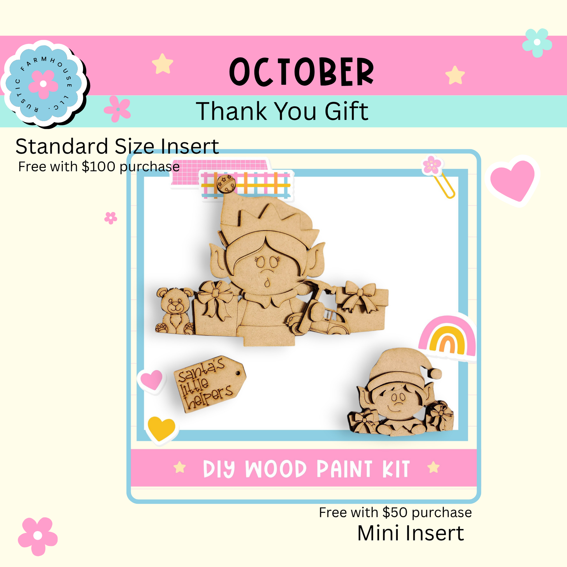 The image is an advertisement for a DIY wood paint kit, featuring a wooden elf and a mini insert. The kit is free with a $50 purchase, and it includes a standard size insert.
