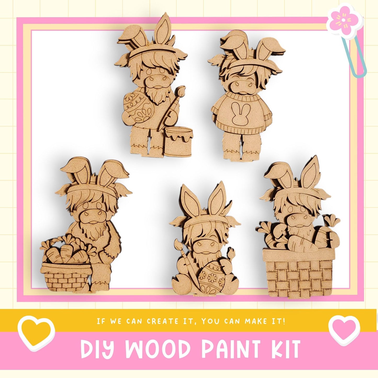 The image is a collage of five wooden Easter bunny figures, each with unique poses and accessories, presented in a DIY wood paint kit.