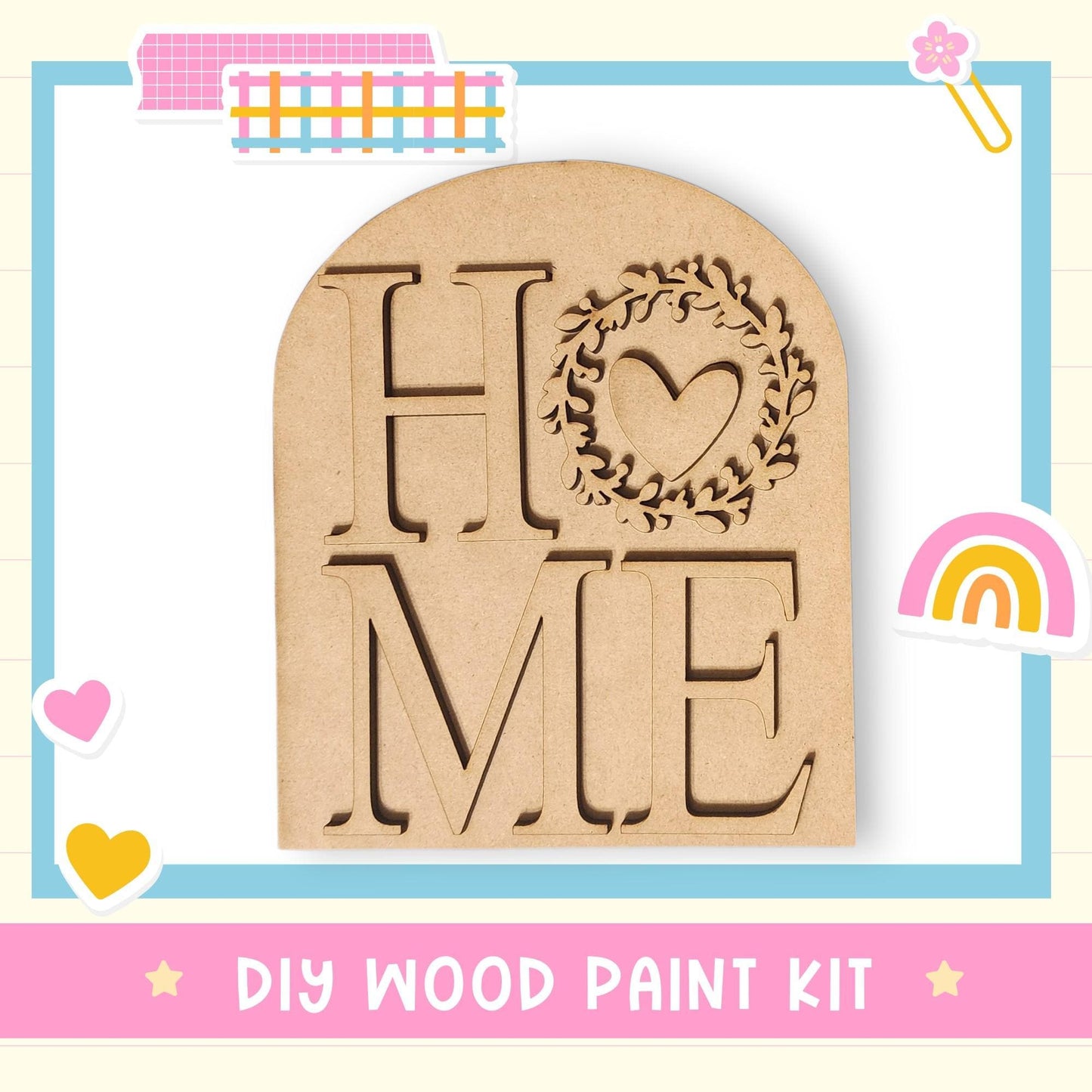 a DIY wood paint kit with the word "HOME" carved into a wooden piece.